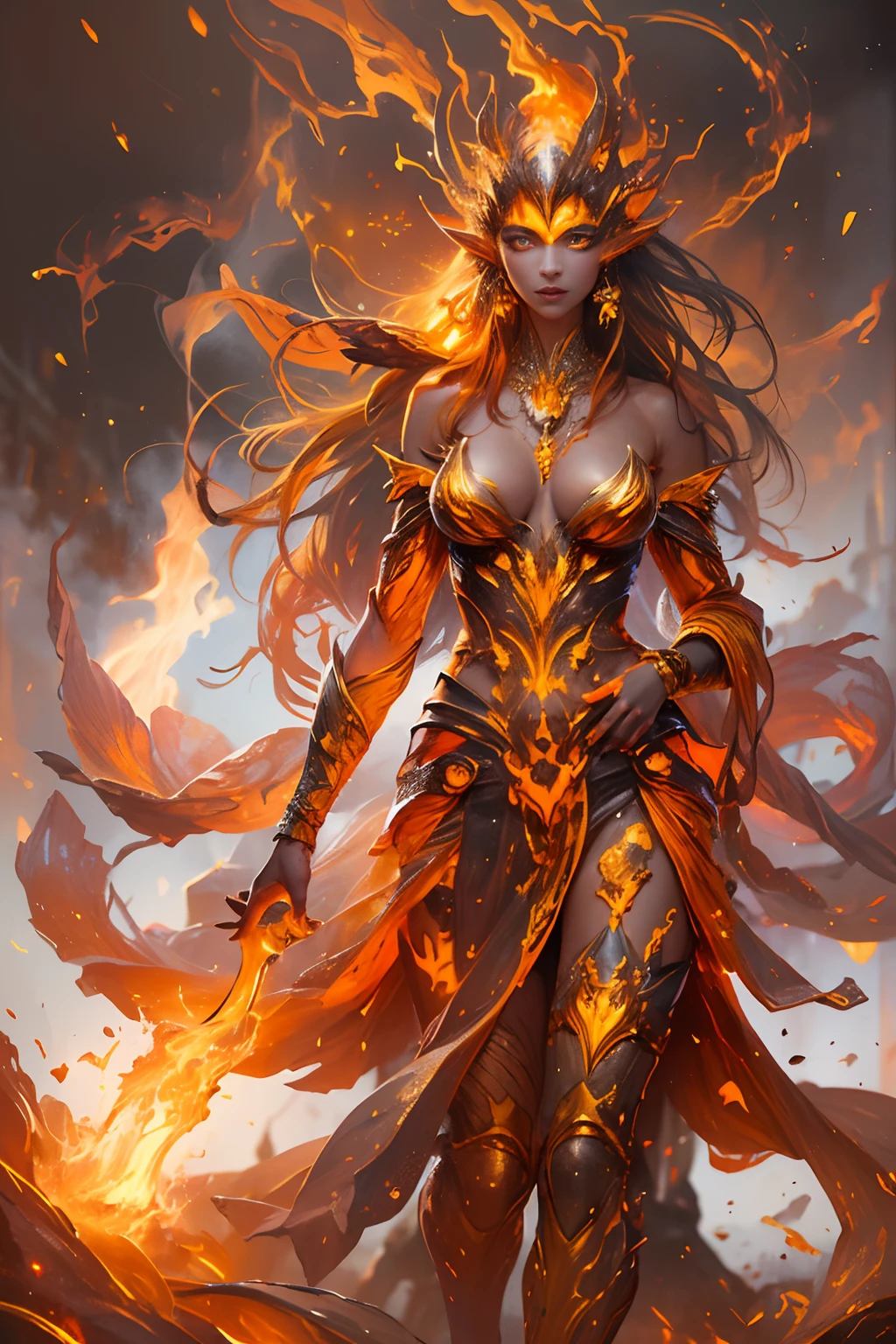 This (realistic fantasy) art contains embers, real flames, real heat, and realistic fire. Generate a masterpiece artwork of a ite female fire druid with large (((orange and gold))) eyes. The fire druid is awe-inspiring with beautiful ((realistic fiery eyes)) alight with confidence and power. Her features are elegant and well defined, with ((soft and puffy lips)), elven bone structure, and realistic shading. full body. Her eyes are important and should be the focal point of this artwork, with ((extremely realistic details, macro details, and shimmer.)) She is wearing a billowing and glittering dress made of realistic flames and jewels that glimmer in the fire light. Wisps of fire and smoke line the intricate bodice of the dress. Include bumps, stones, fiery iridescence, glowing embers, silk and satin and leather, an interesting background, and heavy fantasy elements. Camera: Utilize dynamic composition techniques to enhance the realistic flames