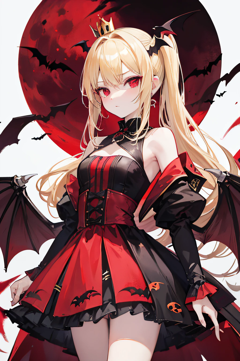 Blonde hair double ponytail，Vampires，With a petite figure，Bat wings，red eyes，Small crown hair ornaments，solo person，Arrogant，Western-style dress，outside，Red Moon