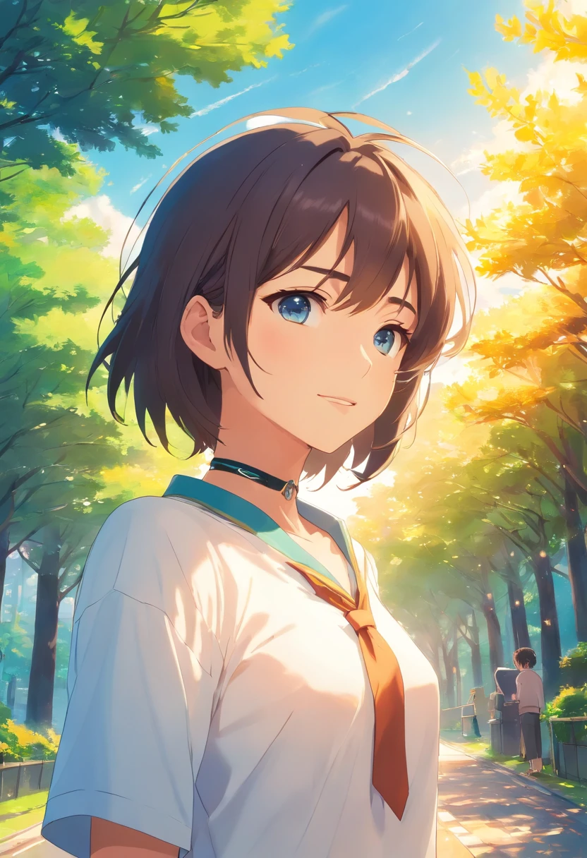tmasterpiece,best qualtiy,still,1boys,closeup cleavage,blue-sky,school ground,Wagas,The tree,Handsome,grin,white shirt,long trousers,rays of sunshine,choker necklace,brightly,