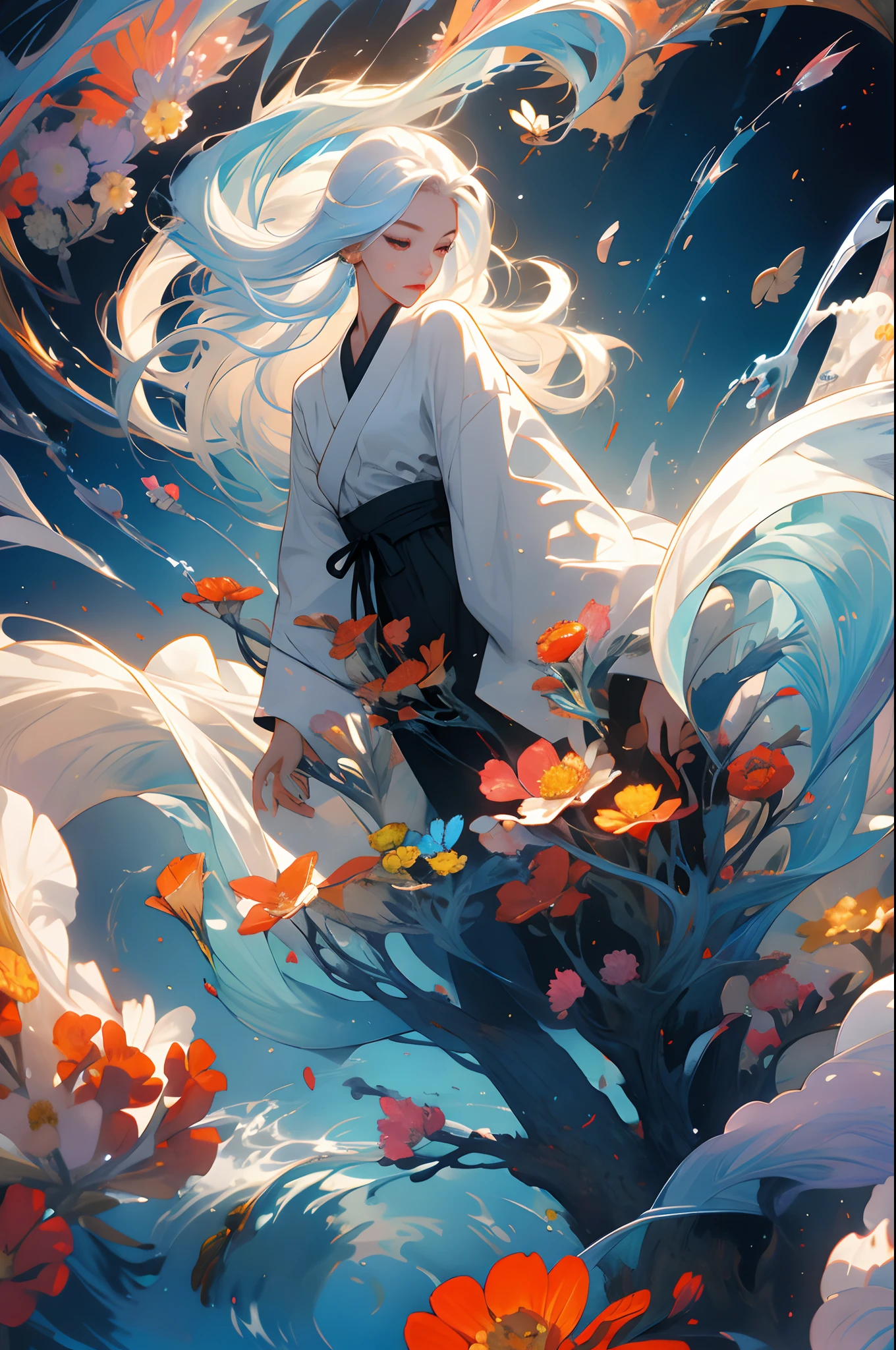 1girll,looking at viewert,long whitr hair,The color hair,Floating hair,The upper part of the body,
hoang lap,A high resolution,(offcial art,Beauty and aesthetics:1.2),(pop-art:1.2),(Zen entanglement,Flower effect,Water Effects,Efeito de Luz:1.2),(artistic décor:1.4),
