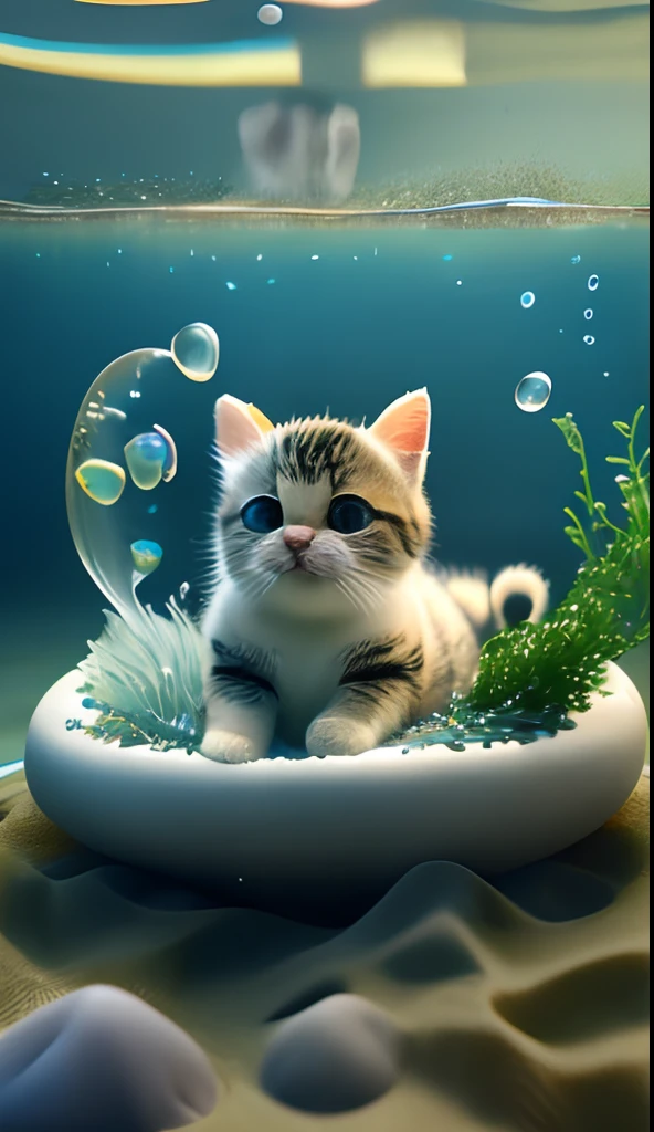 Cute cat with fish and seaweed and foam,Full-figured,Raw photo, Realism,There are a lot of small fish swimming in it