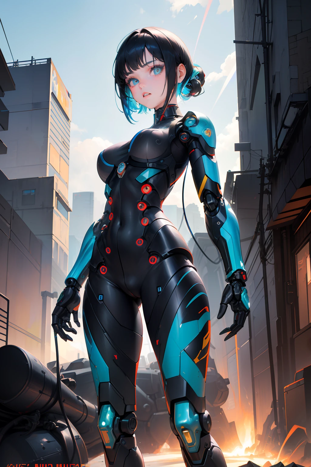 science fiction, (masterpiece, best quality, ultra detailed), ((multicolored hair, black hair, blue hair)), green eyes, suffering, (1girl:1.6), dynamic streaks, vibrant colors,  technology, manga influence, comic, gun, mechagirl, full armour, cables, extreme detailed wallpaper, ((mechanical limbs)), expressionless, biomechanical, mecha