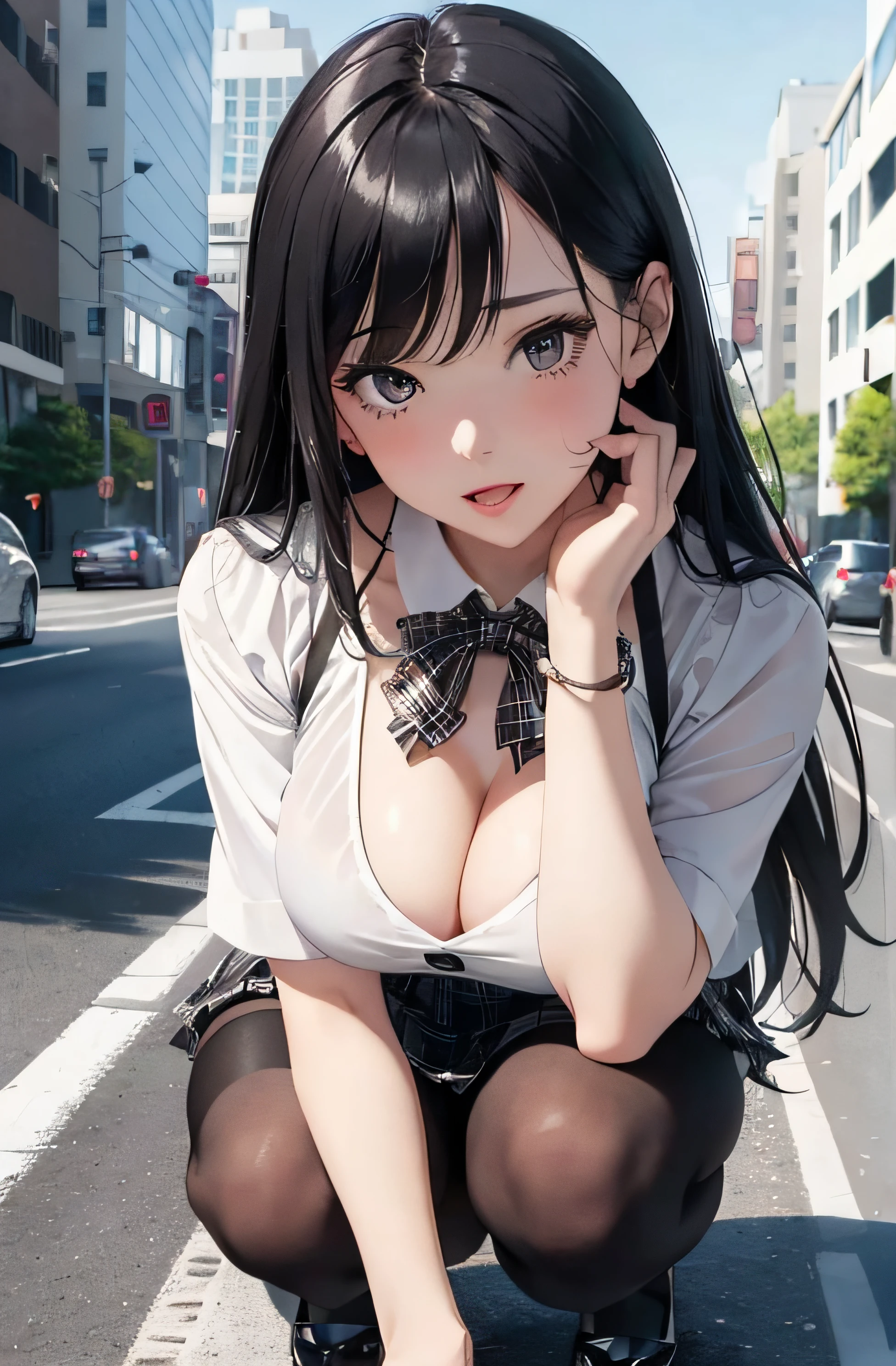 girl in summer clothes, white blouse and black plaid skirt, squatting on the ground, black pantyhose or long stockings, making as if she wants to kiss you, view from the viewer, medium breasts, cleavage, cityscape, flirtatious look, ((very detailed)), (perfectly detailed face), (well detailed hand) photorealistic image.