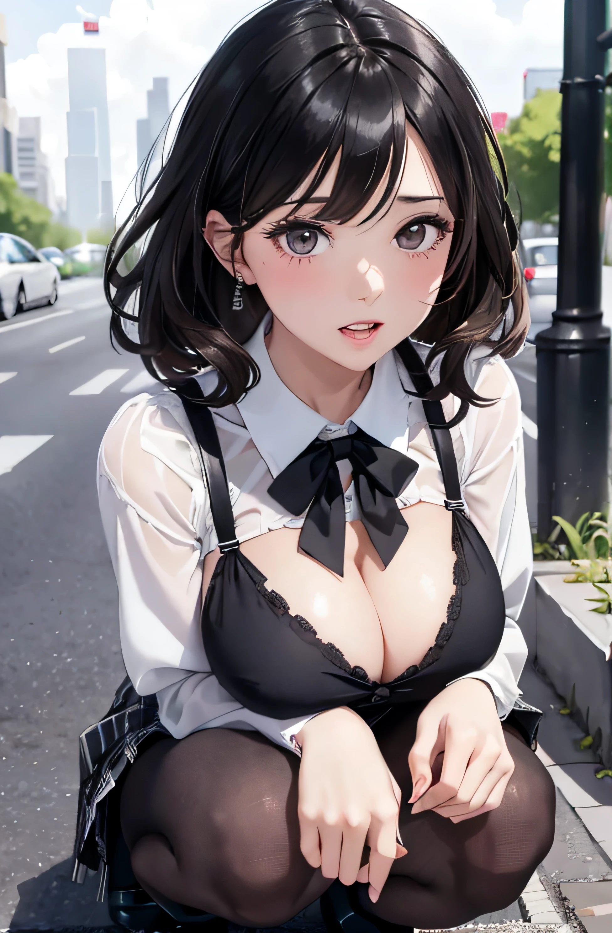 girl in summer clothes, white blouse and black plaid skirt, squatting on the ground, black pantyhose or long stockings, making as if she wants to kiss you, view from the viewer, medium breasts, cleavage, cityscape, flirtatious look, ((very detailed)), (perfectly detailed face), (well detailed hand) photorealistic image.