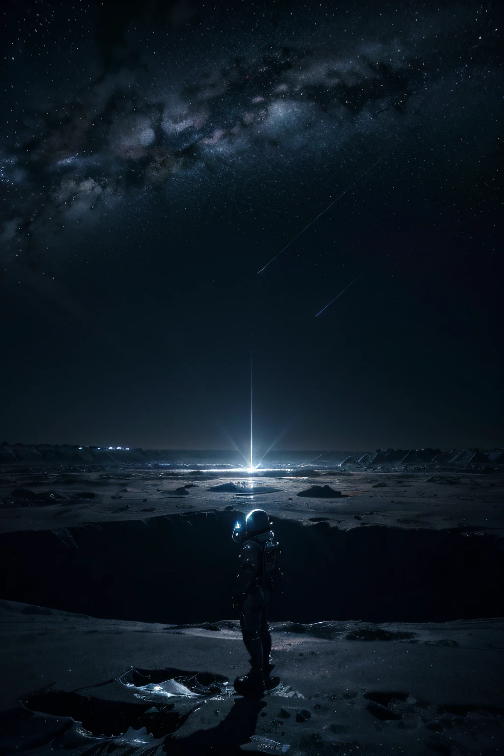 (best quality,4k,8k,highres,masterpiece:1.2),ultra-detailed,(realistic,photorealistic,photo-realistic:1.37),giant robot,stranded in space,nighttime scene,glimmering stars,mechanical details,metallic textures,otherworldly atmosphere,futuristic technology,cold and desolate setting,distant galaxies,dazzling lights,colossal structure,cosmic energy,powerful presence,space exploration,limited visibility,mysterious shadows,shooting stars,deep space silence,icy reflections,sleek design,impressive size,loneliness,dark cosmic backdrop