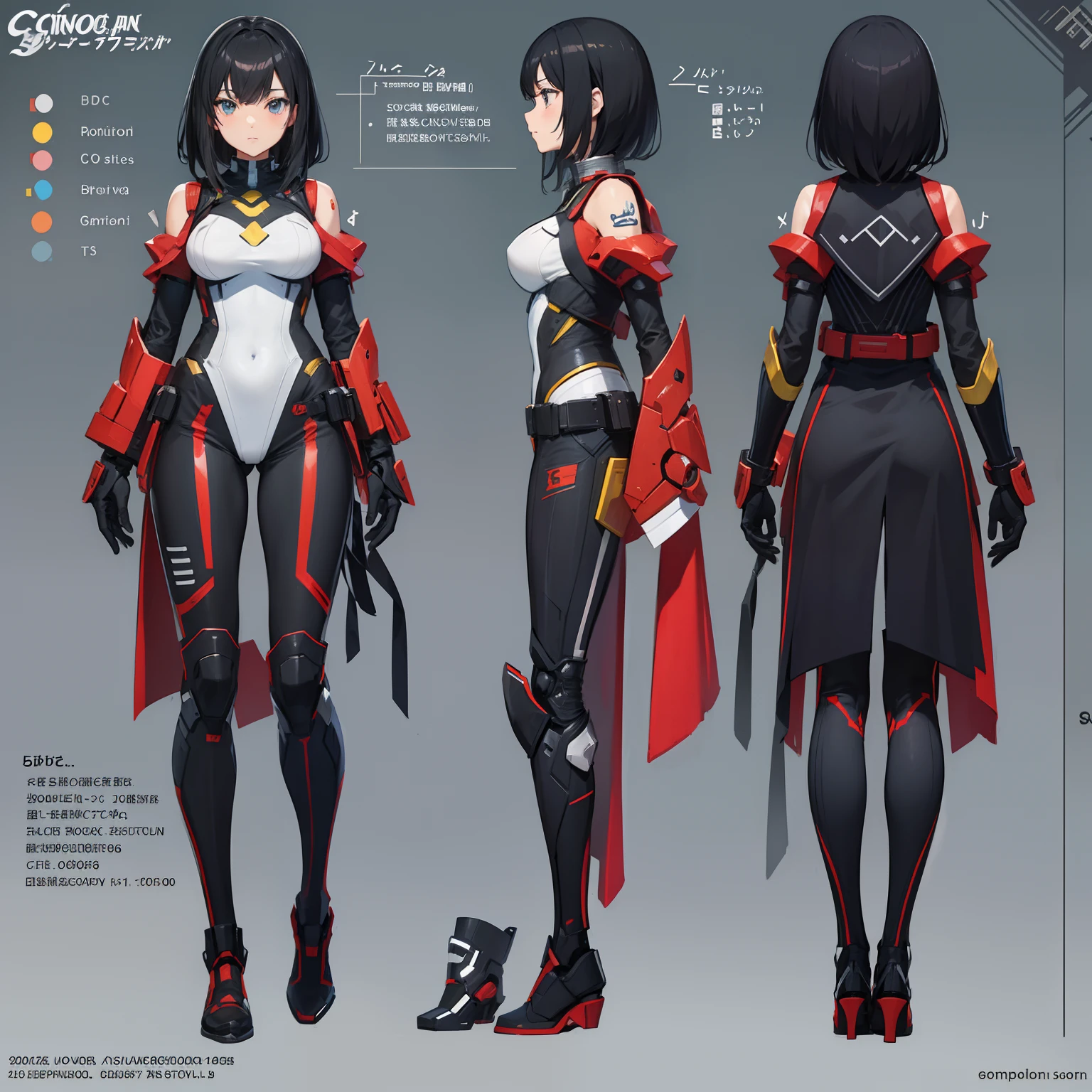 (character sheet),solo,A girl , highlighted black hair, wearing super heroes suit,line art , ,character sheet detailed,T-poses , highly detailed body parts