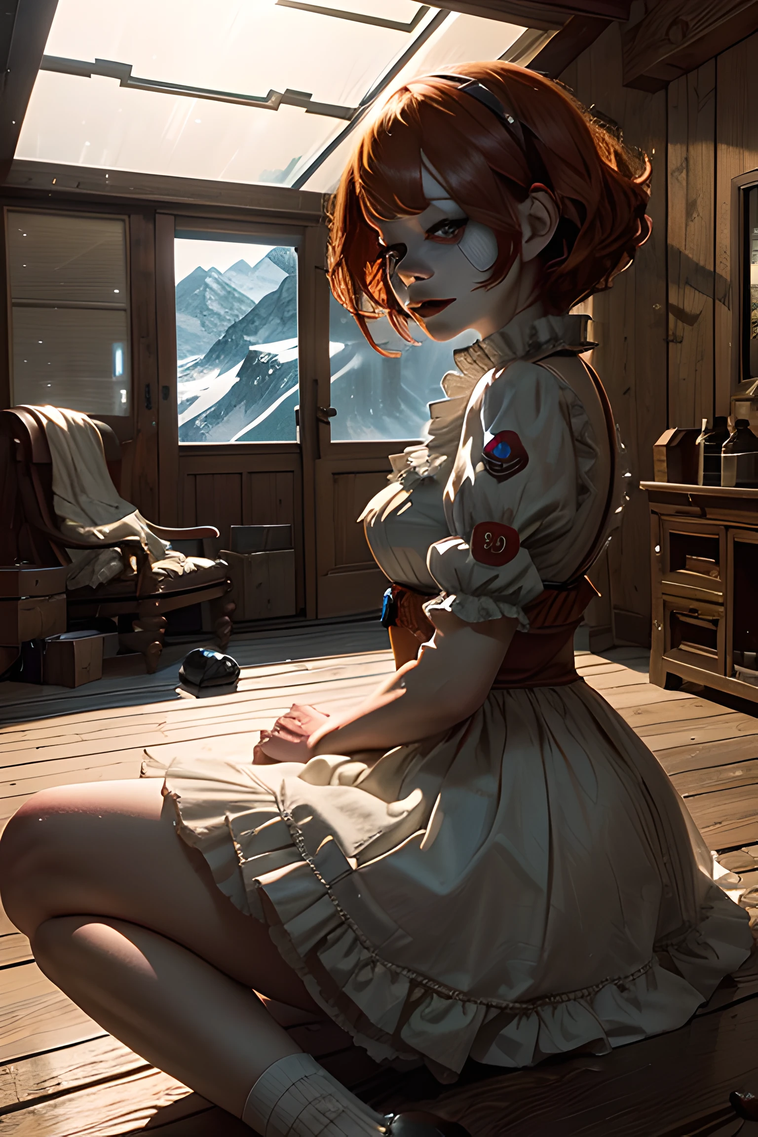 best quality, ultra-detailed, extremely delicate, 
(Pennywise:1,4), Mountain Cabin, 
depth of field, professional lighting, 
photon mapping, radiosity, physically-based rendering,