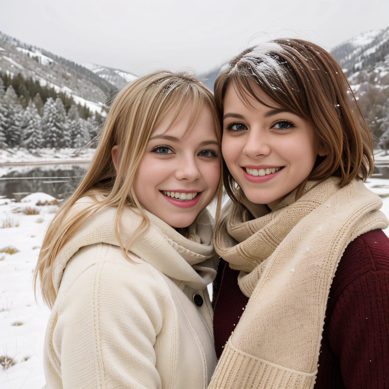 In a picturesque snowy field, two schoolgirls stand side by side, capturing their winter adventures in a delightful selfie. Both dressed in cozy jumpers and scarves, they brave the cold with no hats, showcasing their individual styles. One of them has stunning blonde hair, falling gracefully in a bob hairstyle, while the other showcases her rich brown locks, adding warmth to the frosty scene. Their smiles reflect the joy of the moment, as the snowy landscape forms a breathtaking backdrop. This side-by-side snapshot captures their shared friendship, winter fashion, and the beauty of the winter wonderland they explore together. avril lavigne, hayley williams