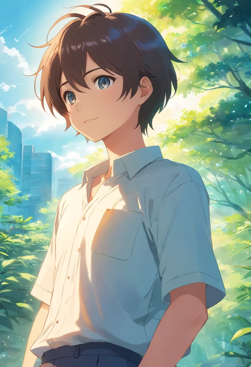 tmasterpiece,best qualtiy,1boys,closeup cleavage,blue-sky,school ground,Wagas,The tree,Handsome,grin,white shirt,long trousers,rays of sunshine,choker necklace,brightly,