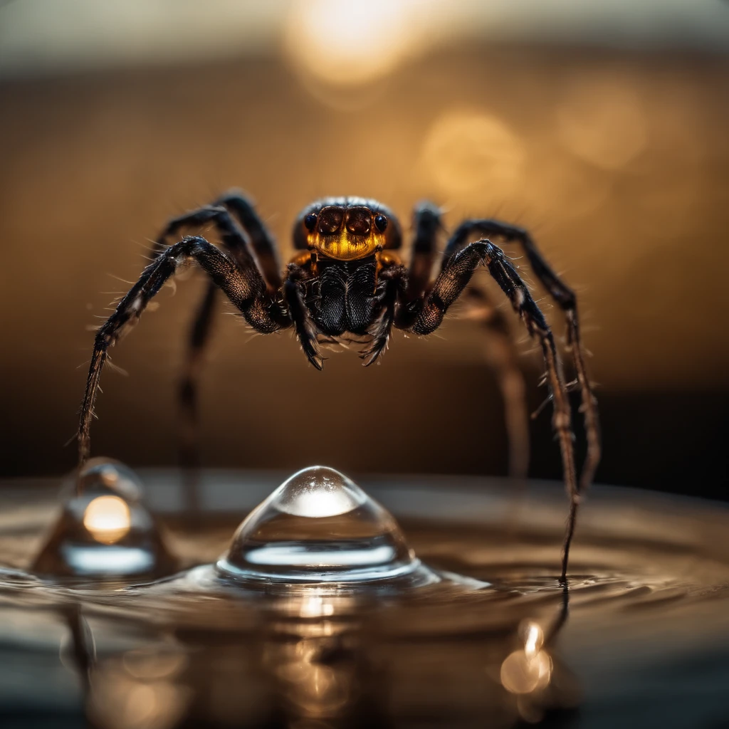 A cybernetic spider is being kept in a drop of water