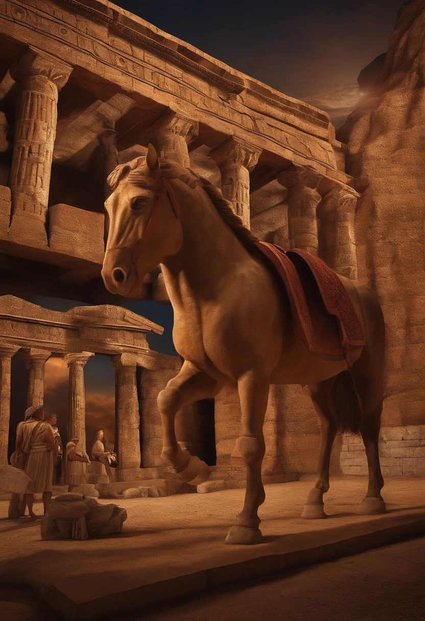 THE TROJAN HORSE..TROJANS LOOKING AT THE LARGE HORSE LEFT BY GTHE GREEKS