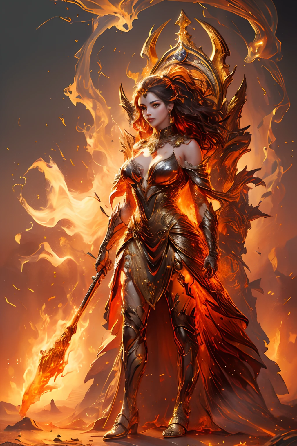 This (realistic fantasy) art contains embers, real flames, real heat, and realistic fire. Generate a masterpiece artwork of a ***ite female fire druid with large (((orange and gold))) eyes. The fire druid is awe-inspiring with beautiful ((realistic fiery eyes)) alight with confidence and power. Her features are elegant and well defined, with ((soft and puffy lips)), elven bone structure, and realistic shading. full body. Her eyes are important and should be the focal point of this artwork, with ((extremely realistic details, macro details, and shimmer.)) She is wearing a billowing and glittering dress made of realistic flames and jewels that glimmer in the fire light. Wisps of fire and smoke line the intricate bodice of the dress. Include bumps, stones, fiery iridescence, glowing embers, silk and satin and leather, an interesting background, and heavy fantasy elements. Camera: Utilize dynamic composition techniques to enhance the realistic flames