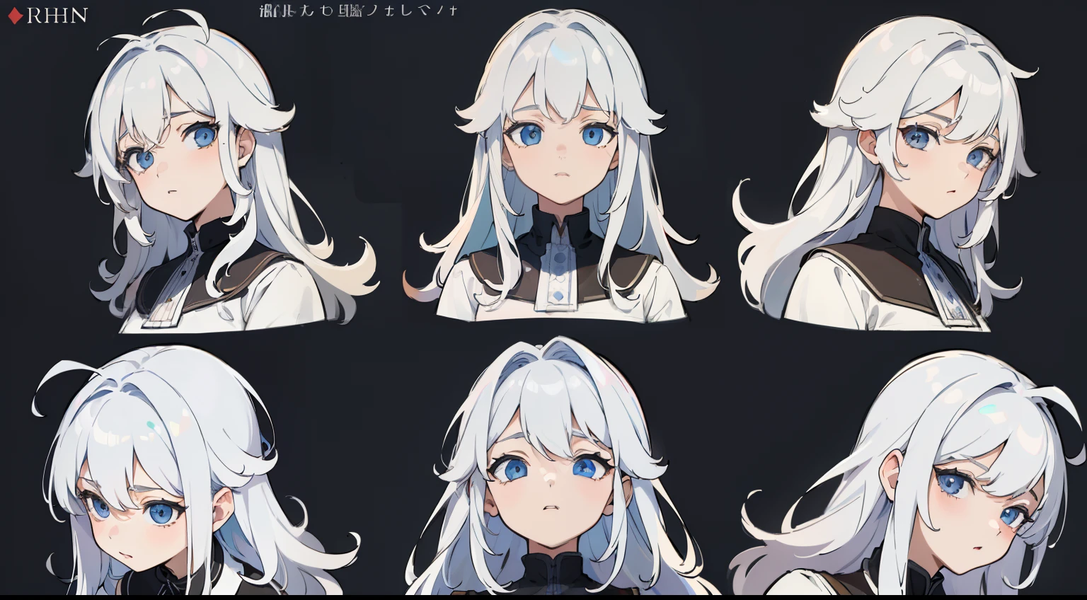 ((Masterpiece, Highest quality)), Detailed face, character sheets, full bodyesbian, 1boys,shoun,children's,Babe, Blue eyes, White hair, Long hair, Messy hair, , hair between eye,Black loose blouse, Full of details, Multiple poses and expressions, Highly detailed, Depth, Many parts