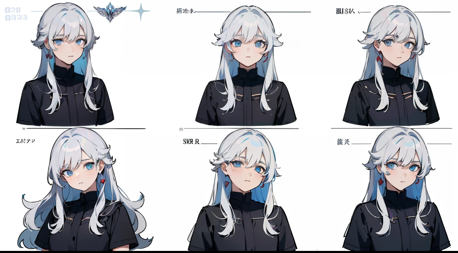 ((Masterpiece, Highest quality)), Detailed face, character sheets, full bodyesbian, 1boys,shoun，children's，Babe， Blue eyes, White hair,  Long hair， Messy hair, , hair between eye,Black loose blouse, Full of details, Multiple poses and expressions, Highly detailed, Depth, Many parts