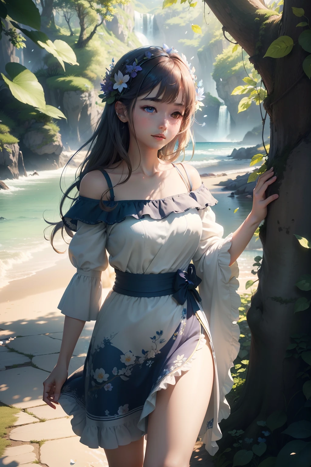 Masterpiece, best quality, (very detailed CG unity 8k wallpaper) (best quality), (best illustration), (best shadows) Nature&#39, blue sea,delicate leaves petals of various colors falling in the air light Tracking, super detailed --v6