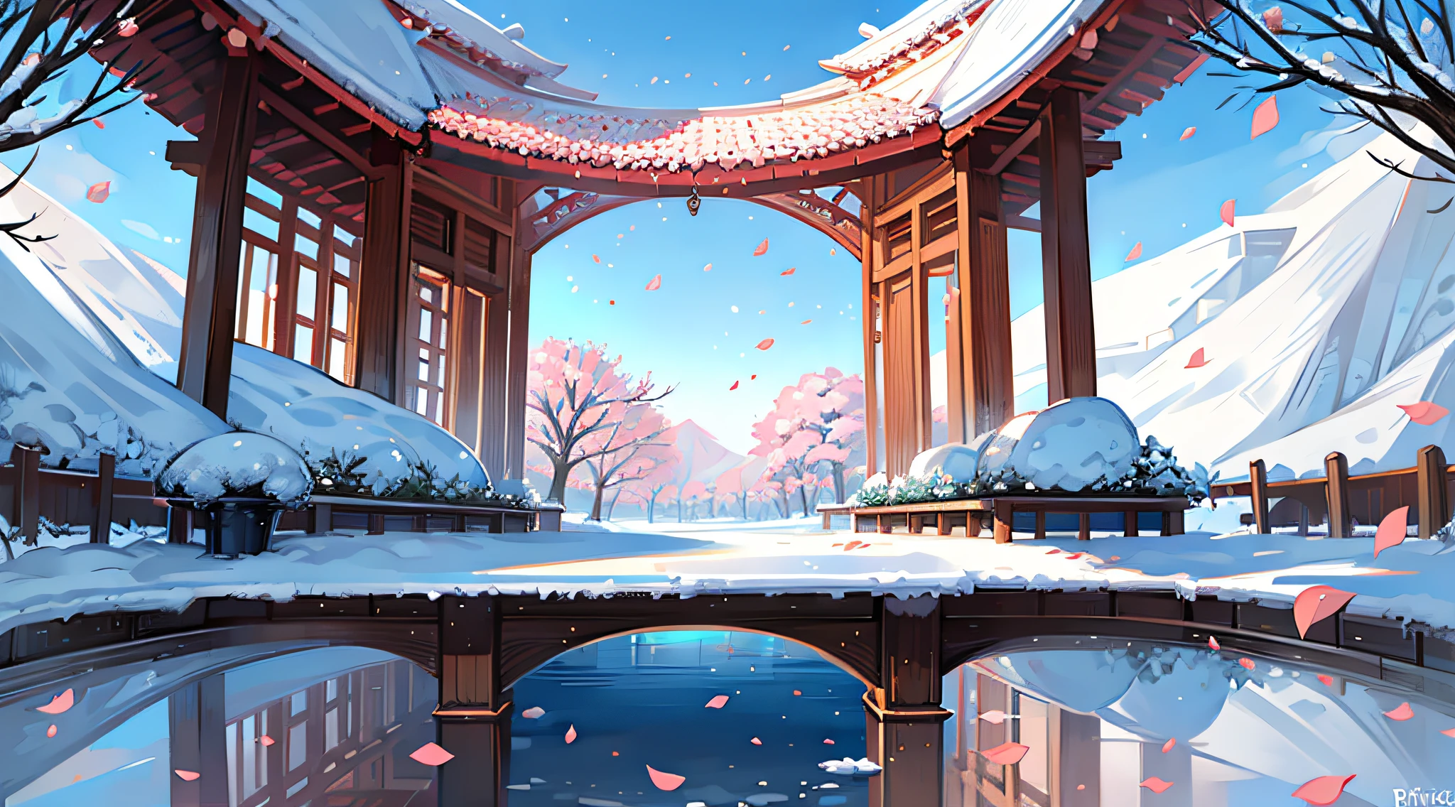 Peach blossom tree,rios,gazebo,falling flower petals,clear blue skies,Petals fall on the surface of the river,snow covered