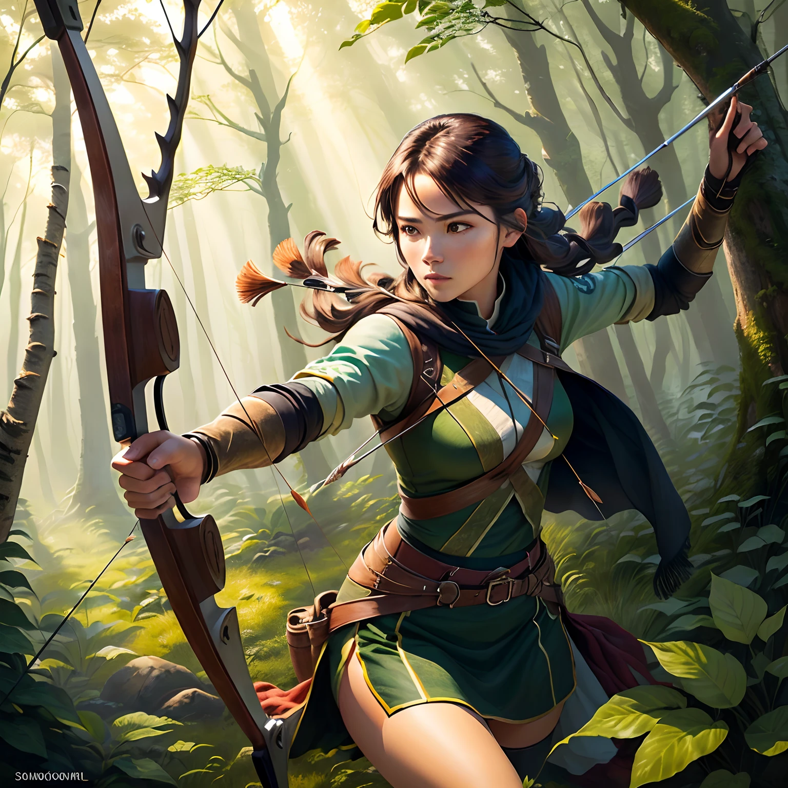 female archer,bow and arrows,Deep forest,sunshines through the leaves,Concentration,Brown tones,Action lines,the detail,Background creatures,grassy fields