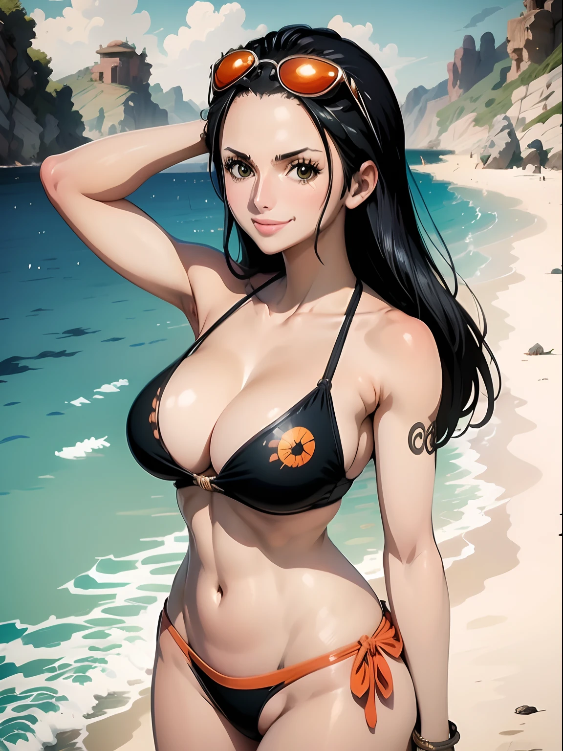 Masterpiece, Anime girl, Nico robin, one piece Anime, colourfull, black bikini, orange colour sun glass on head, perfect face, open smile,