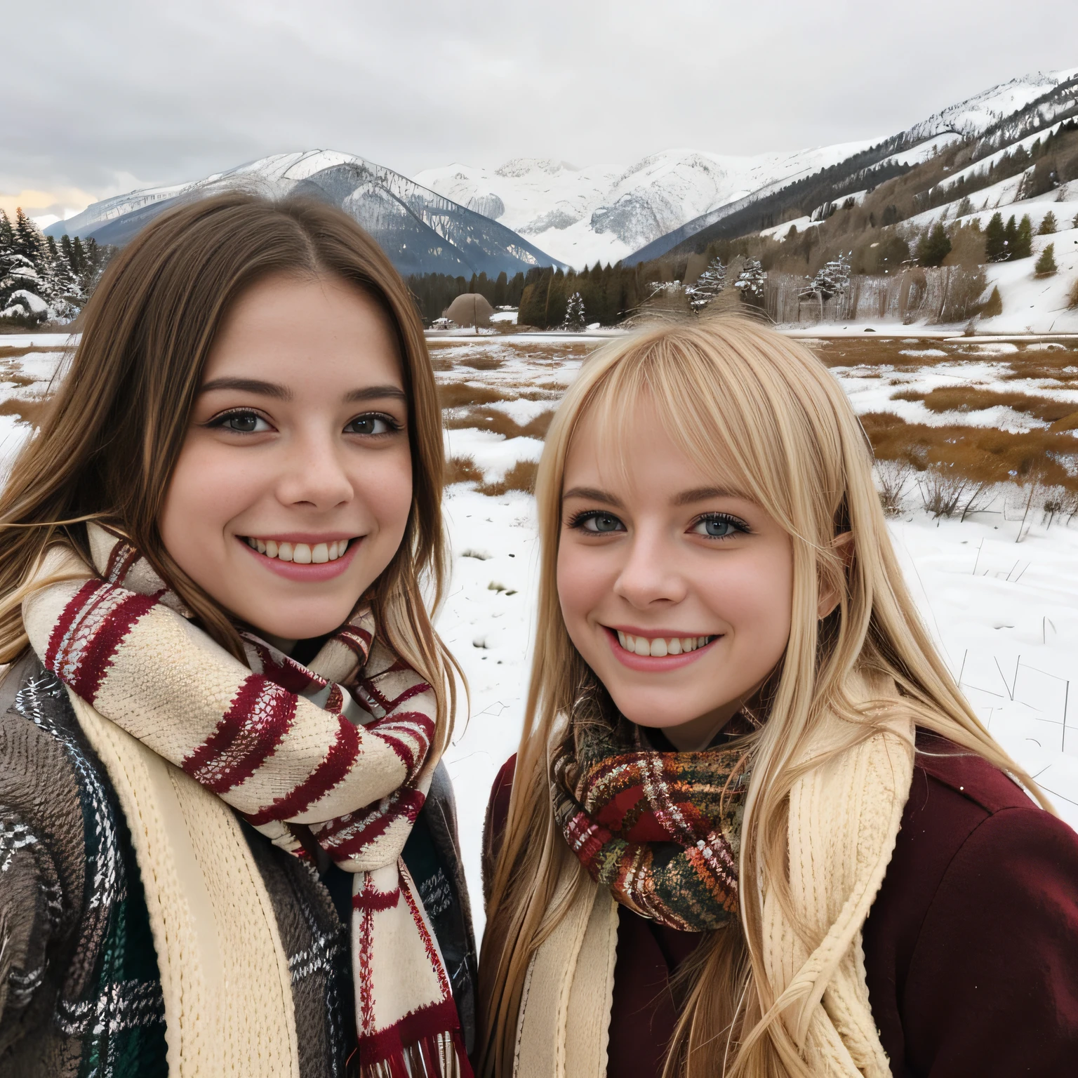 In a picturesque snowy field, two schoolgirls stand side by side, capturing their winter adventures in a delightful selfie. Both dressed in cozy jumpers and scarves, they brave the cold with no hats, showcasing their individual styles. One of them has stunning blonde hair, while the other showcases her rich brown locks, adding warmth to the frosty scene. Their smiles reflect the joy of the moment, as the snowy landscape forms a breathtaking backdrop. This side-by-side snapshot captures their shared friendship, winter fashion, and the beauty of the winter wonderland they explore together. avril lavigne, hayley williams