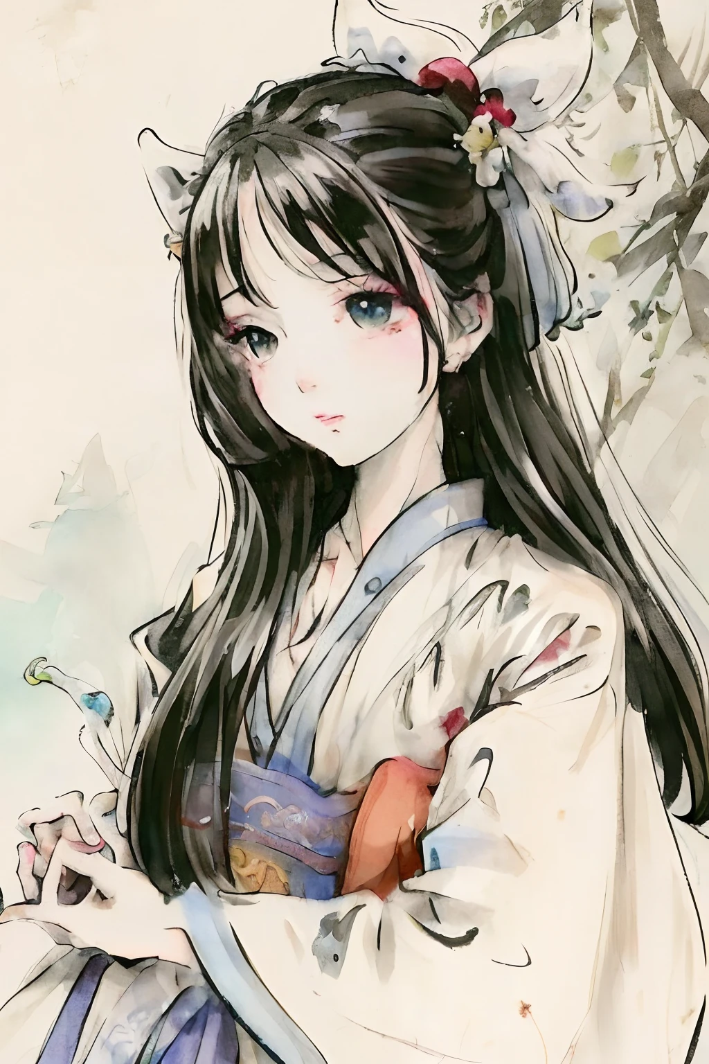 (White background:1.4)、(Tachie))、original、(illustratio:1.1)、(top-quality)、(masterpiece:1.1)、(Ultra Definition CG unity 8k wallpapers:1.1)、(colourfull:0.9)、(panoramic shot:1.4)、(full bodyesbian:1.05)、(独奏:1.2)、(Ink splash)、(color splashes) ((aquarelle)) Clear Sharp Focus {One girl standing} (Chinese style) (florals、the woods)、plein air、boulders、Look at the viewer、Happy expression on face、Soft smile、Face and eyes with pure and beautiful details、Beautiful and intricate clothing details、Dark hair、black eyes