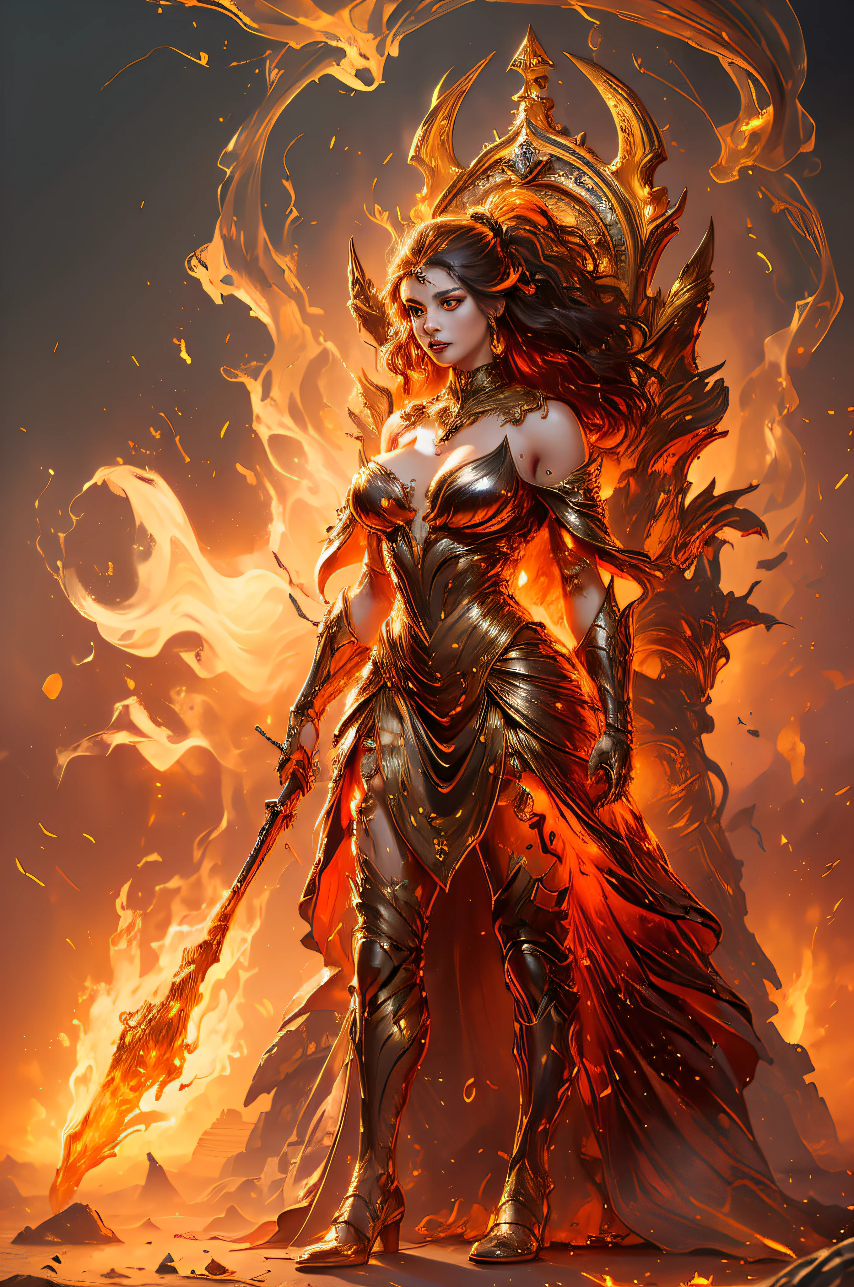 This (realistic fantasy) art contains embers, real flames, real heat, and realistic fire. Generate a masterpiece artwork of a ite female fire druid with large (((orange and gold))) eyes. The fire druid is awe-inspiring with beautiful ((realistic fiery eyes)) alight with confidence and power. Her features are elegant and well defined, with ((soft and puffy lips)), elven bone structure, and realistic shading. full body. Her eyes are important and should be the focal point of this artwork, with ((extremely realistic details, macro details, and shimmer.)) She is wearing a billowing and glittering dress made of realistic flames and jewels that glimmer in the fire light. Wisps of fire and smoke line the intricate bodice of the dress. Include bumps, stones, fiery iridescence, glowing embers, silk and satin and leather, an interesting background, and heavy fantasy elements. Camera: Utilize dynamic composition techniques to enhance the realistic flames