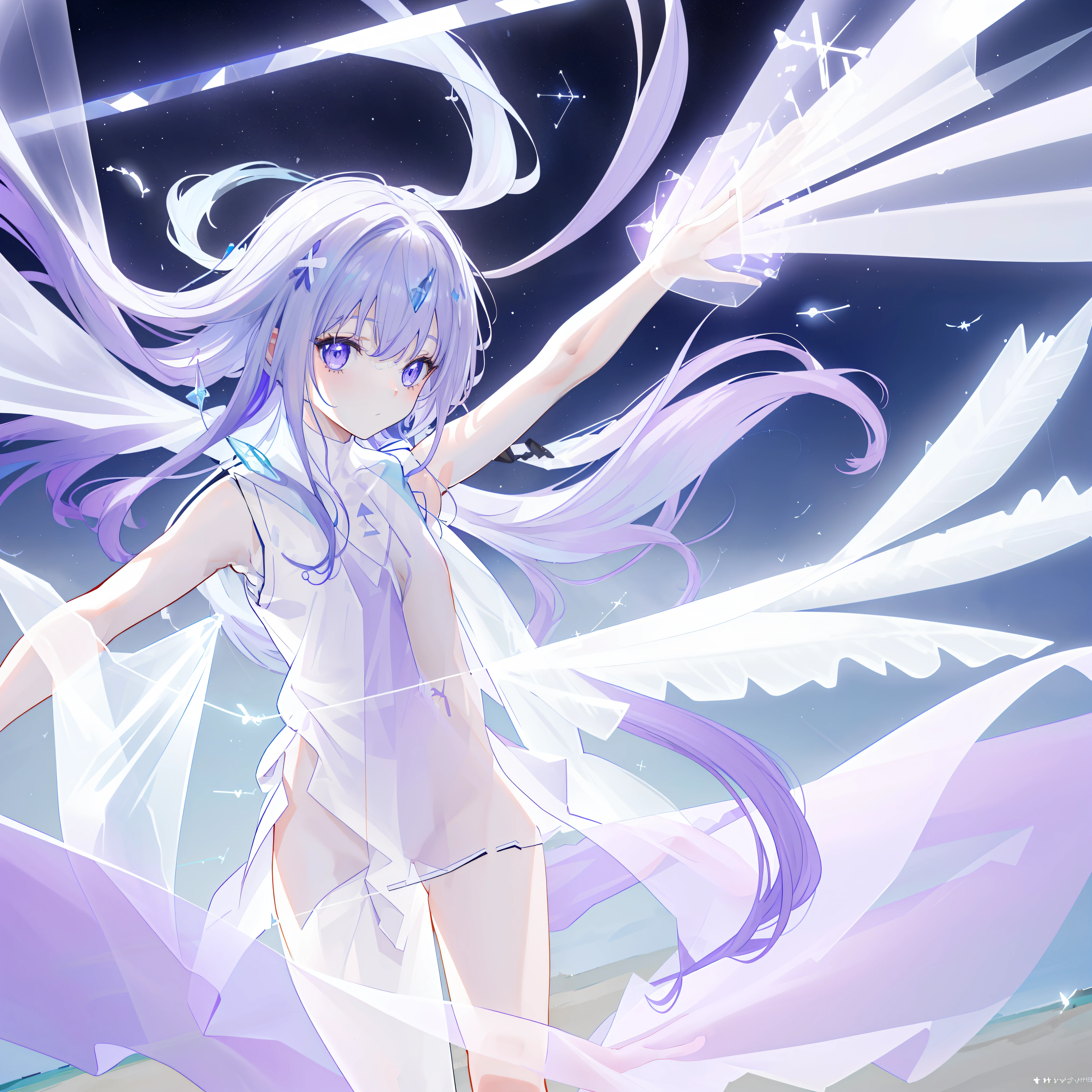 (((A far view: 1.4))) of an anime girl, (standing in a (beach), (((half naked))), cinematic light, slim body with curves, skin is perfectly white, soft, and smooth, ((no nsfw)), Extremely delicate and beautiful CG illustration, best quality, high resolution, dynamic angle, full-length lens, (1 girl), floating, soft light, high-key lighting), glowing light, purple halo, feathers fluttering background, blue crystal, (((wearing nothing but a white (pure:1.5) (transparent) tank top))), ((((sleeveless:1.4))))