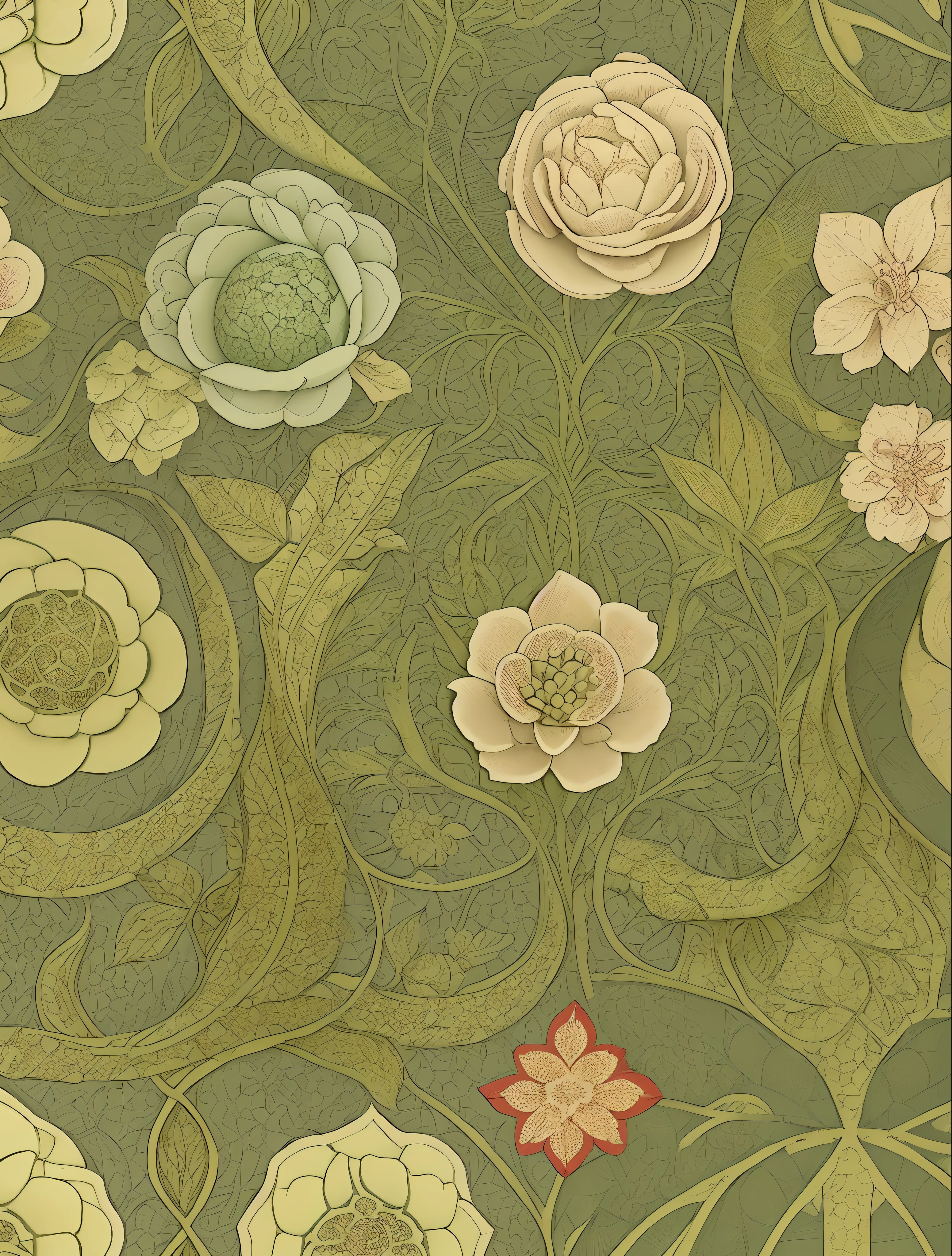 Close-up of a bouquet of fruit pattern, Repetitive patterns, wallpaper design, thorn background. D&D, Inspired by Dionisio Baixeras Verdaguer, inspired by William Morris, Art Nouveau wallpaper, chinoiserie pattern, Inspired by Elizabeth Hippen Green, complex pattern, Seamless pattern design, wallpaper pattern, Art Nouveau motifs