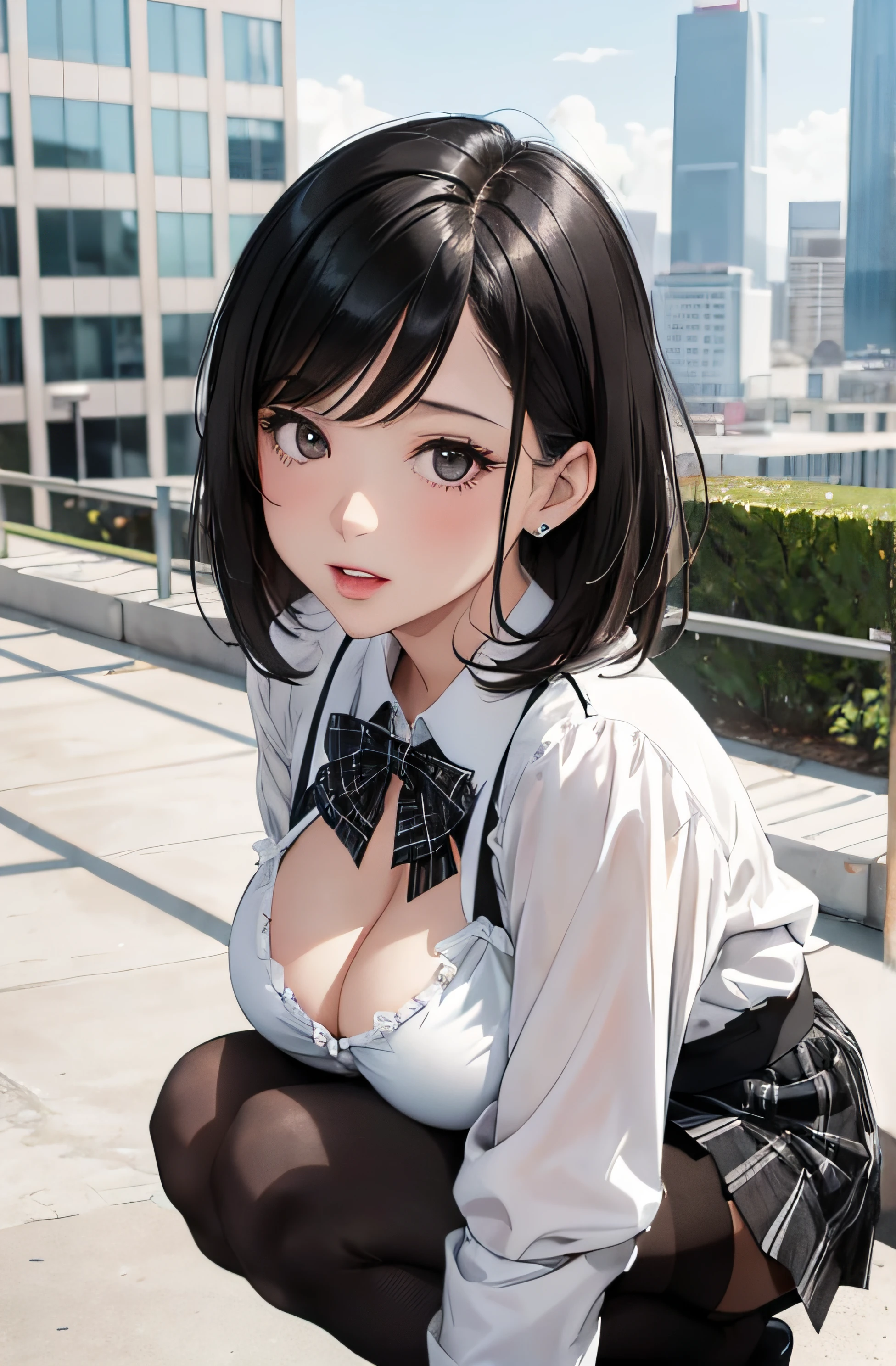girl in summer clothes, white blouse and black plaid skirt, squatting on the ground, black pantyhose or long stockings, making as if she wants to kiss you, view from the viewer, short hair, medium breasts, cleavage, cityscape, flirtatious look, ((very detailed)), (perfectly detailed face), (well detailed hand) photorealistic image.