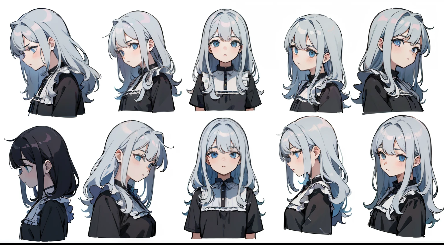 ((Masterpiece, Highest quality)), Detailed face, character sheets, full bodyesbian, 1boys,shoun,children's,Babe, Blue eyes, White hair, Long hair, Messy hair, , hair between eye,Black loose blouse, Full of details, Multiple poses and expressions, Highly detailed, Depth, Many parts