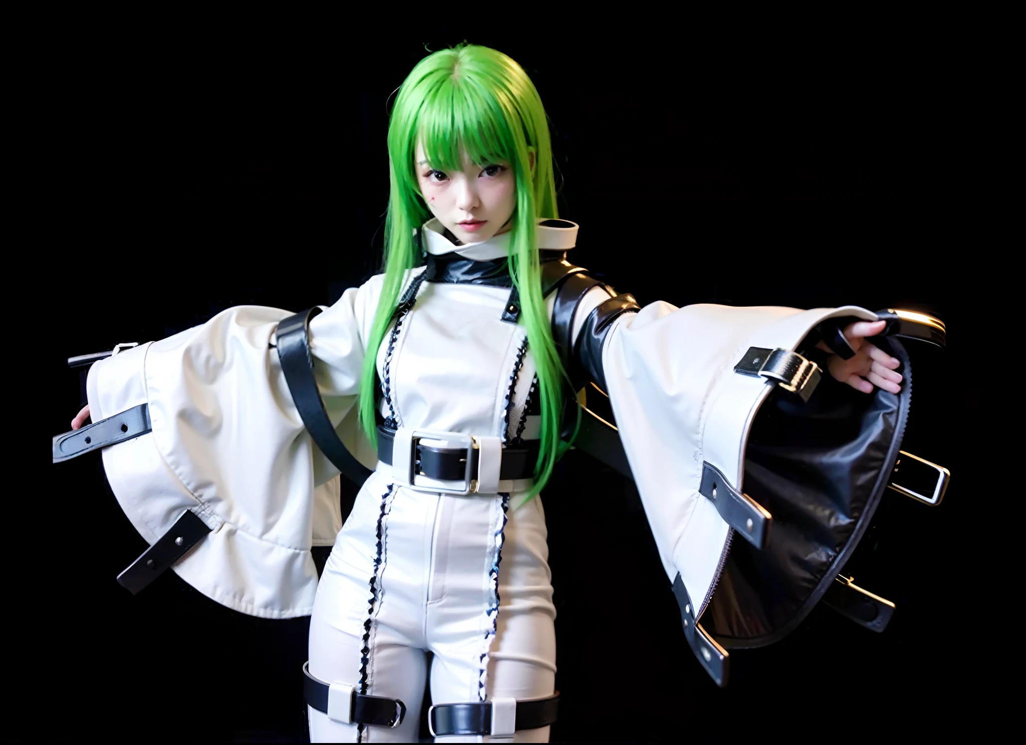 personagem feminina japonesa, cabelos longos verdes, White leather jumpsuit with straps and black details