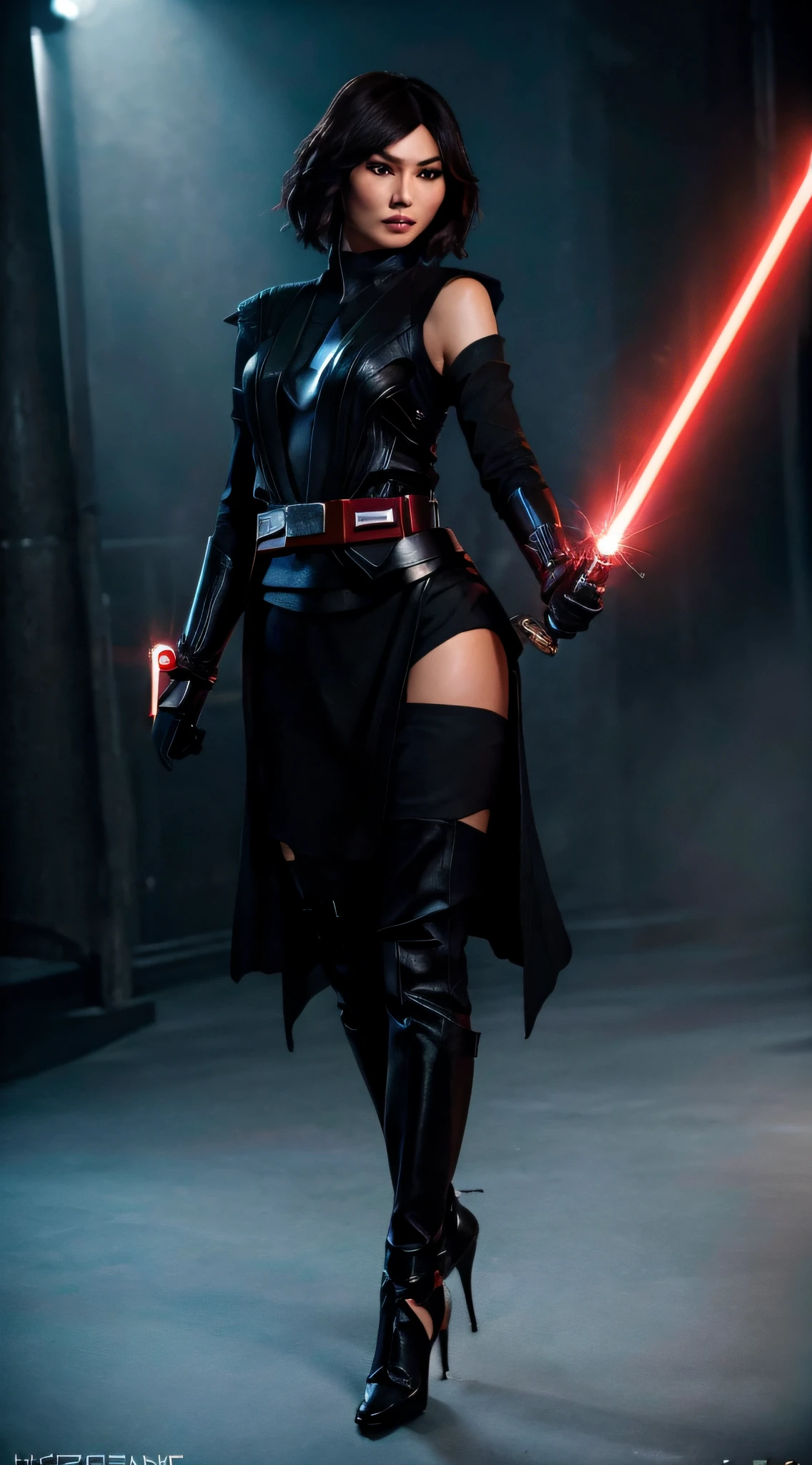 Gemma Chan as a Sith, revealing sith outfit, high heels, gloves, ((wields red lightsaber)), belt, ((short hair)), glowing lights, full body, (dynamic pose), (hyper realistic:1.4), (realistic:1.3), (best quality real texture skin), full body, (Cinematic Light), highly detailed skin, skin pores, (highly detailed face:1.1), (highly detailed eyes:1.1), realistic pupils, (perfect anatomy:1.1), (perfect proportions:1.1), (photography:1.1), (photorealistic:1.1), volumetric lighting, dynamic lighting, real shadows, (highres:1.1), sharp focus, daylight, (realistic, hyperrealistic:1.4), intricate, high detail, dramatic, subsurface scattering, big depth of field, vivid, polished, sharpened, ((full Sharp)), (extremely absurdres), 8k, hdr