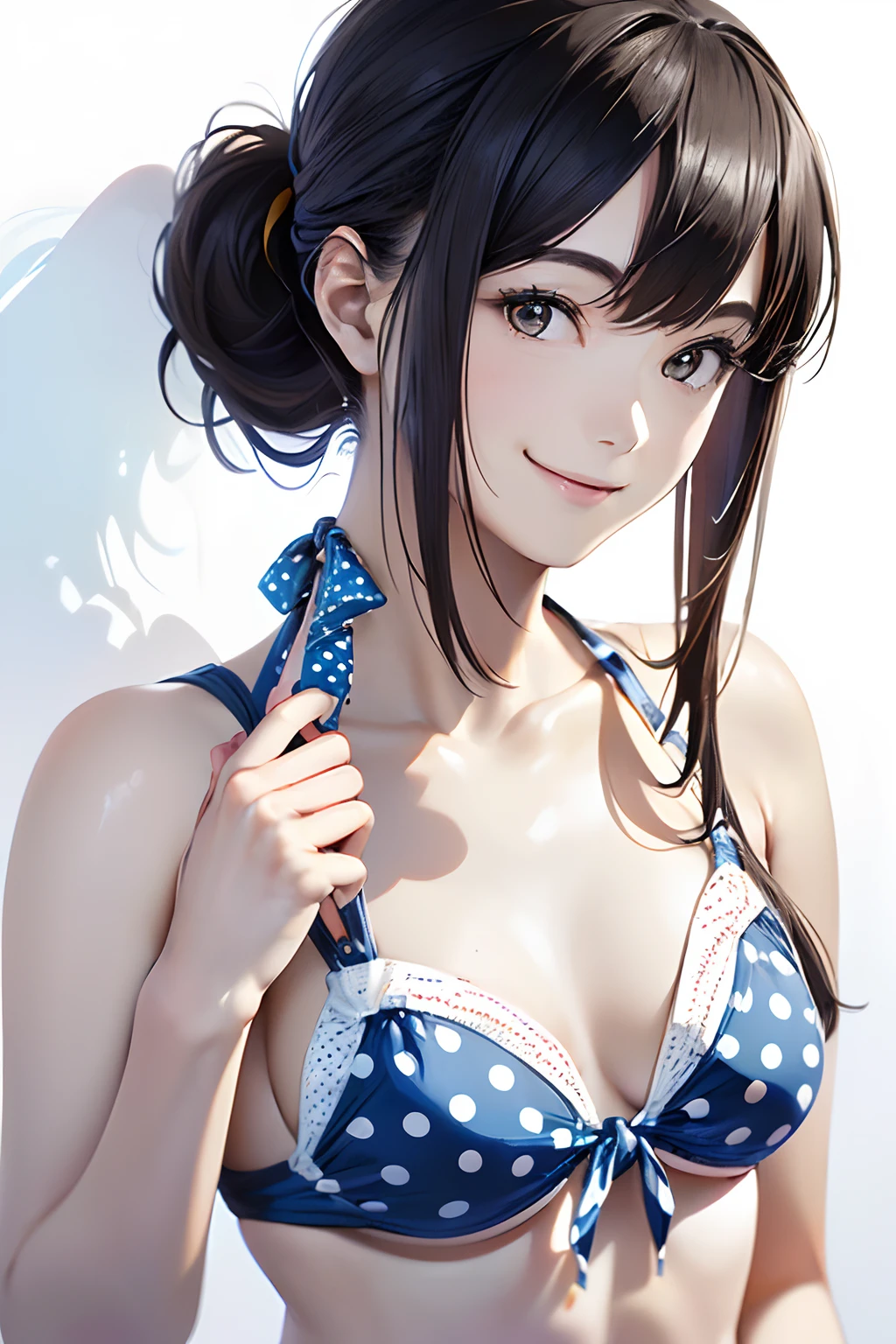 (Best Quality, 8K, Oil Painting, masutepiece:1.2), Ultra-detailed, (Realistic, Photorealistic:1.37), (((bustshot)))、(((Black hair)))、(((a white bikini)))、(((upperbody shot)))、(((Dot pattern bikini)))、(((adult  woman, 25 years old)))、(((Small Micro Bikini)))、 (((A dark-haired)))、(((semi long hair)))、((( White background)))、(((I tie my hair up a little)))、(((Big polka dot bikini)))、(((In front of a white wall)))、(((Blue polka dot bikini)))、Triangle Bikini、(((Nothing on the top of the head)))、(((Hurraying)))、(((a smile)))、(((Doing a victory pose)))、(((I'm having a good time)))