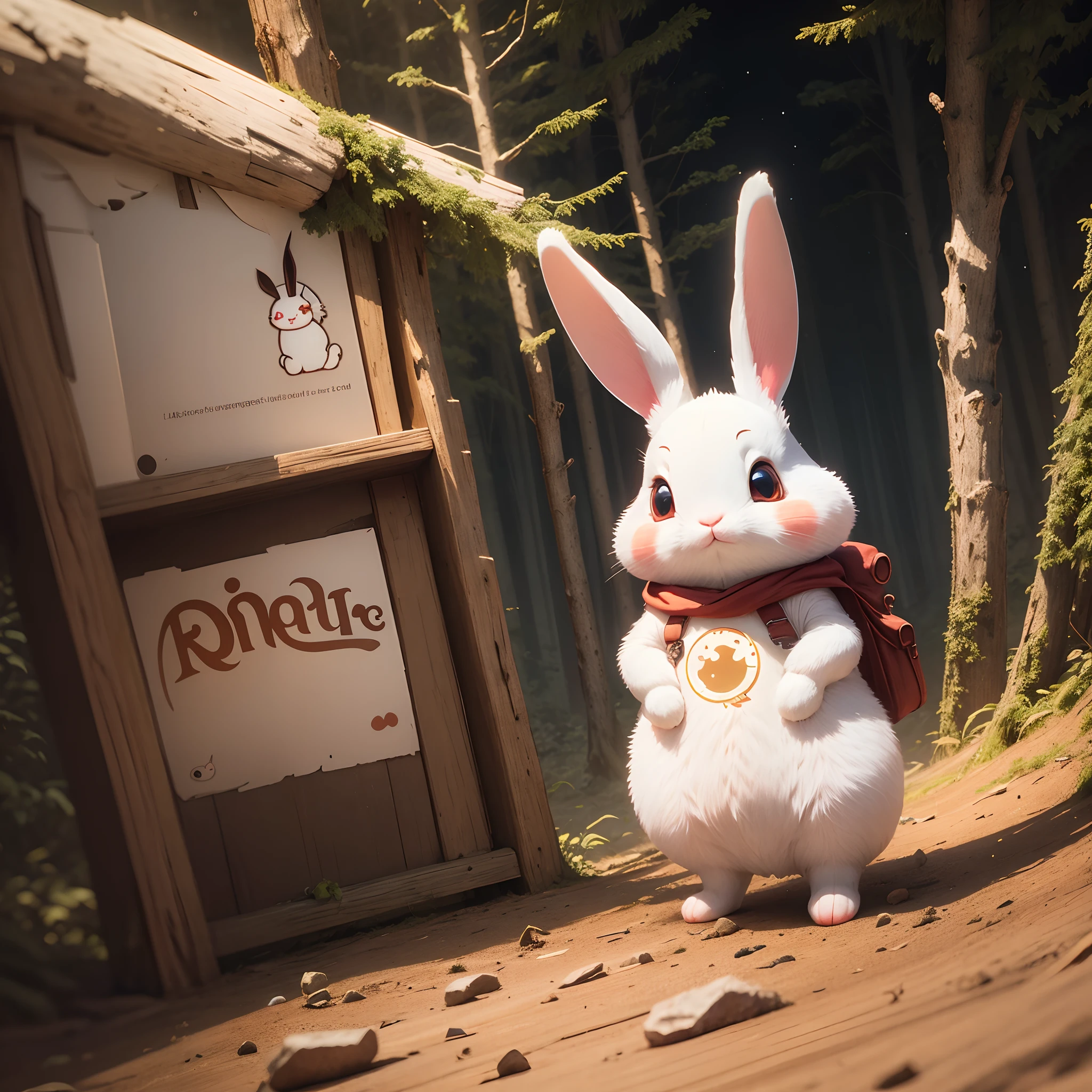 A cute rabbit sticker, rabbit adventurer，red eyes, deep forest. It's night but it's bright