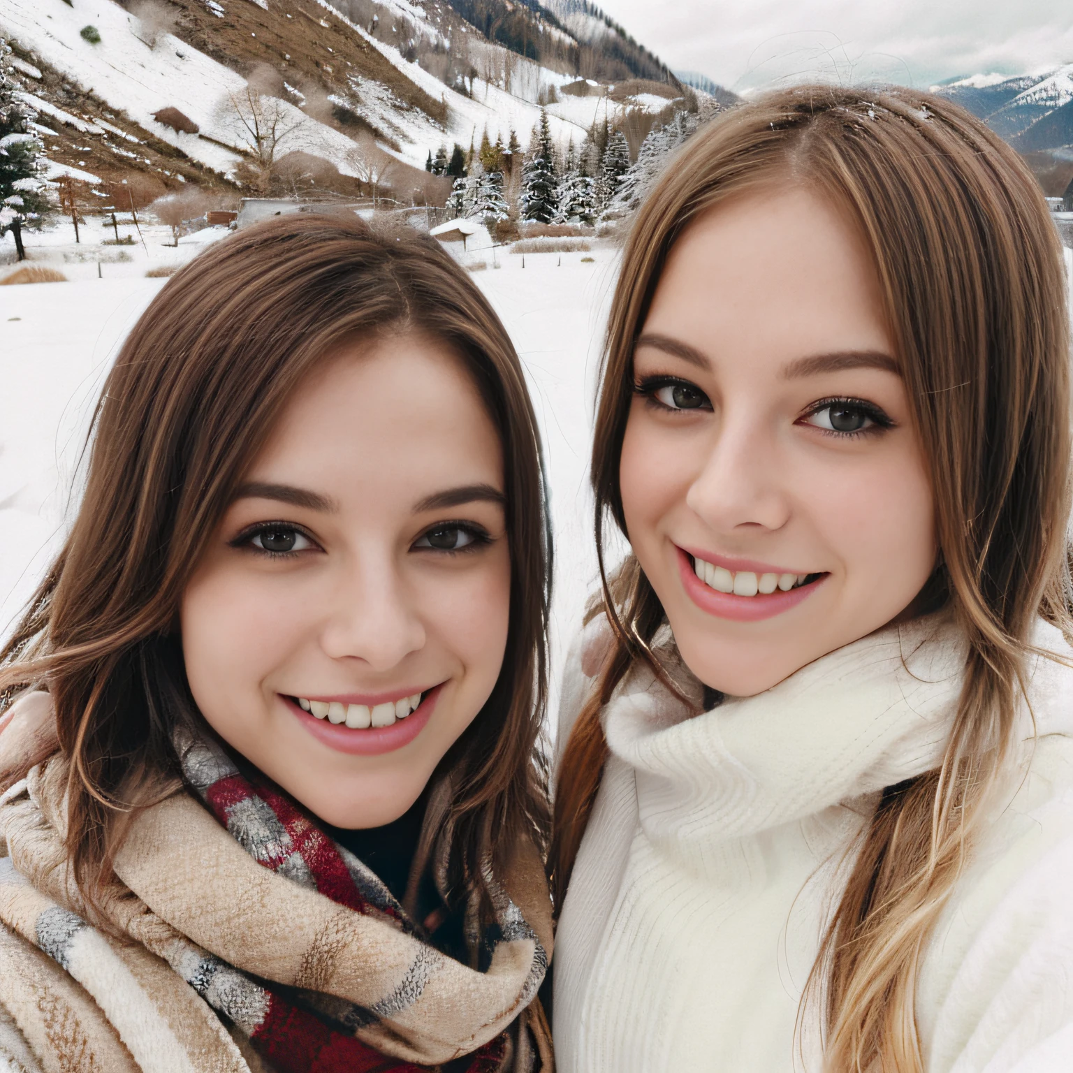 In a picturesque snowy field, two schoolgirls stand side by side, capturing their winter adventures in a delightful selfie. Both dressed in cozy jumpers and scarves, they brave the cold with no hats, showcasing their individual styles. One of them has stunning blonde hair, while the other showcases her rich brown locks, adding warmth to the frosty scene. Their smiles reflect the joy of the moment, as the snowy landscape forms a breathtaking backdrop. This side-by-side snapshot captures their shared friendship, winter fashion, and the beauty of the winter wonderland they explore together. avril lavigne, hayley williams