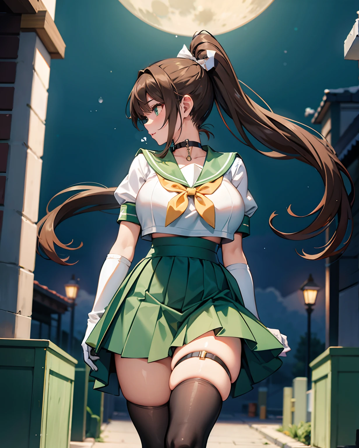 tmasterpiece, Best quality at best, A high resolution, HMJUPITER, Green eyes, Long brown hair tied into a ponytail, head gear, jewely, Sailor senshi uniform, Green sailor collar, choker necklace, elbowgloves, whitegloves, Pink bow, corsage, tightsuit, huge tit,Very large breasts,underboobs exposed,Fitness model,Green skirt, standing on your feet, the night,In the alley, themoon, ssmile