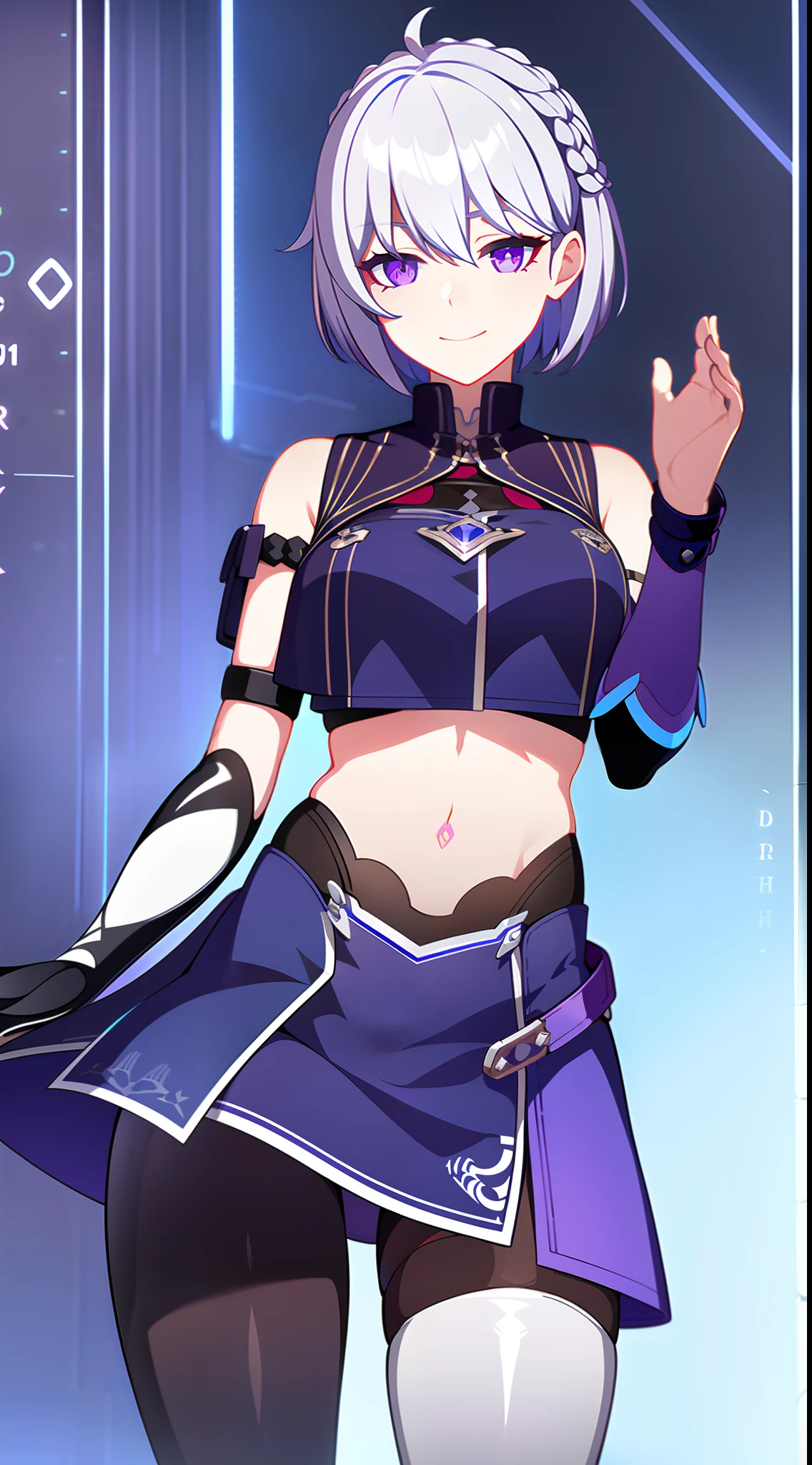 young girl, short white hair, braid, violet eyes, Blue leather coat, Sleeveless, open belly, Shorts, Long pantyhose, Long Grey Gloves,, red tattoo, smirk, Masterpiece, hiquality, 4k, HD, Good detail