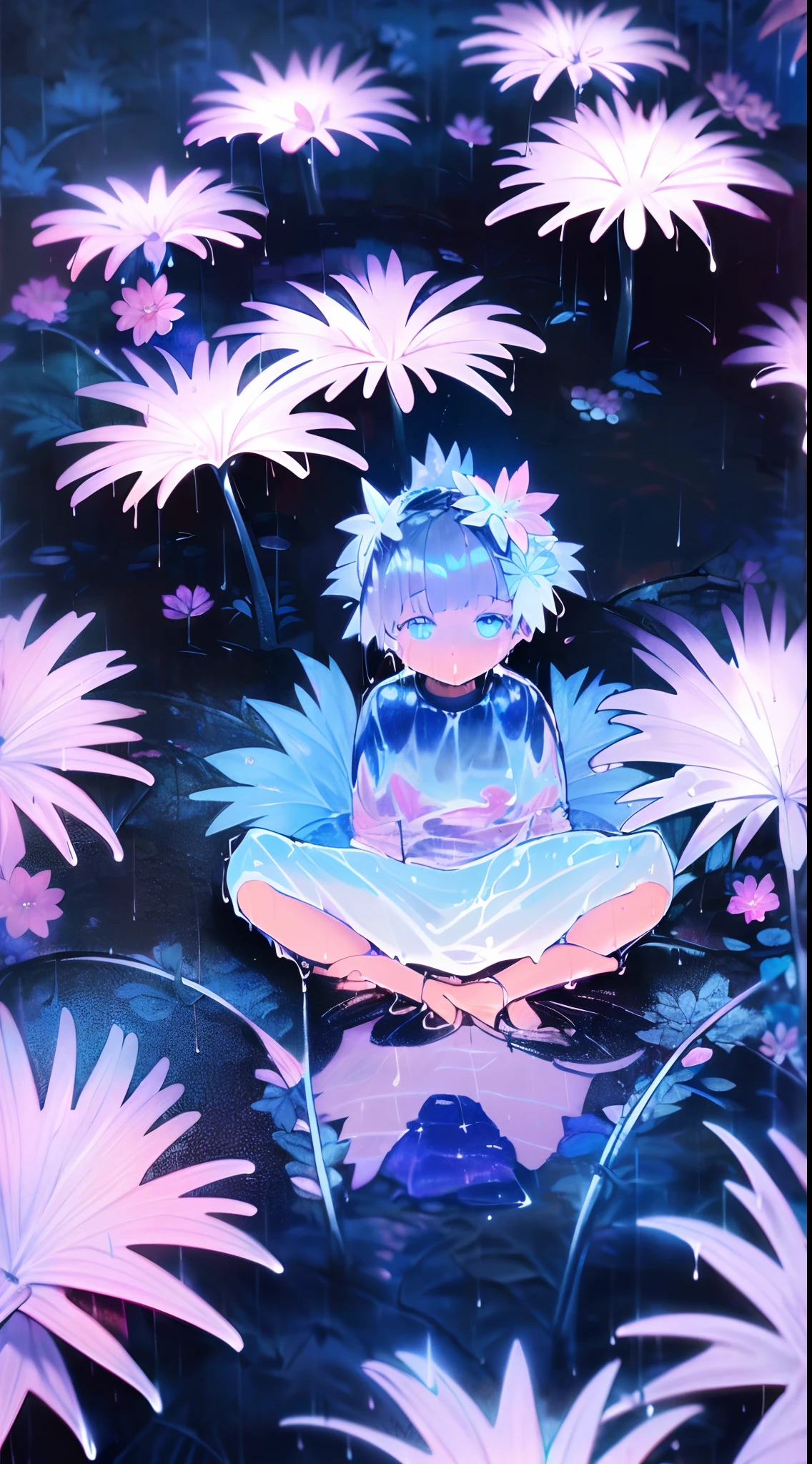 a girl, (after the rain:1.5), sitting in a puddle, (night time, shining stars:1.3), (flower field, glowing, bloom, chromatic, colourful:1.3), (wet foliage:1.8)