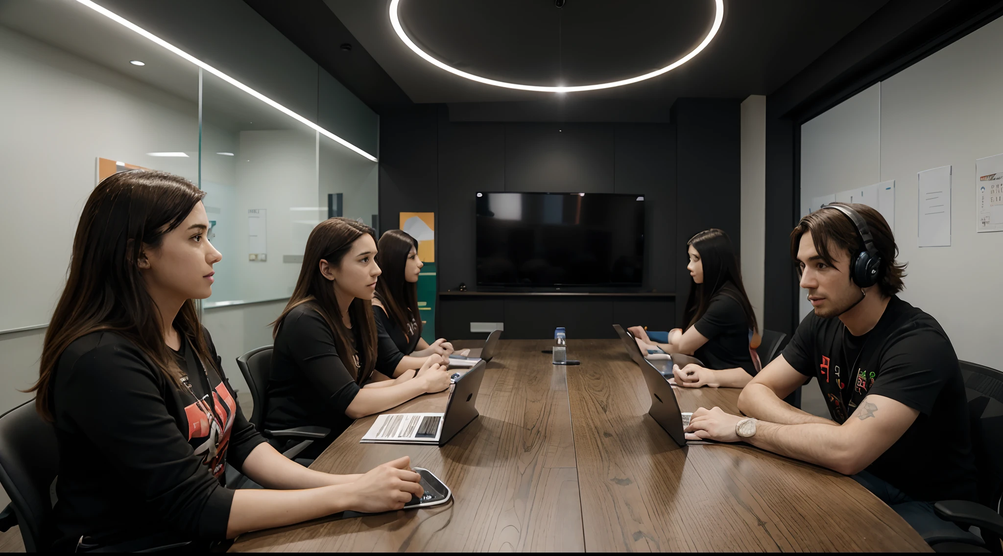Documento de design de jogo, Game Studio, ambiente realista, anime, Team with men and women in a meeting room