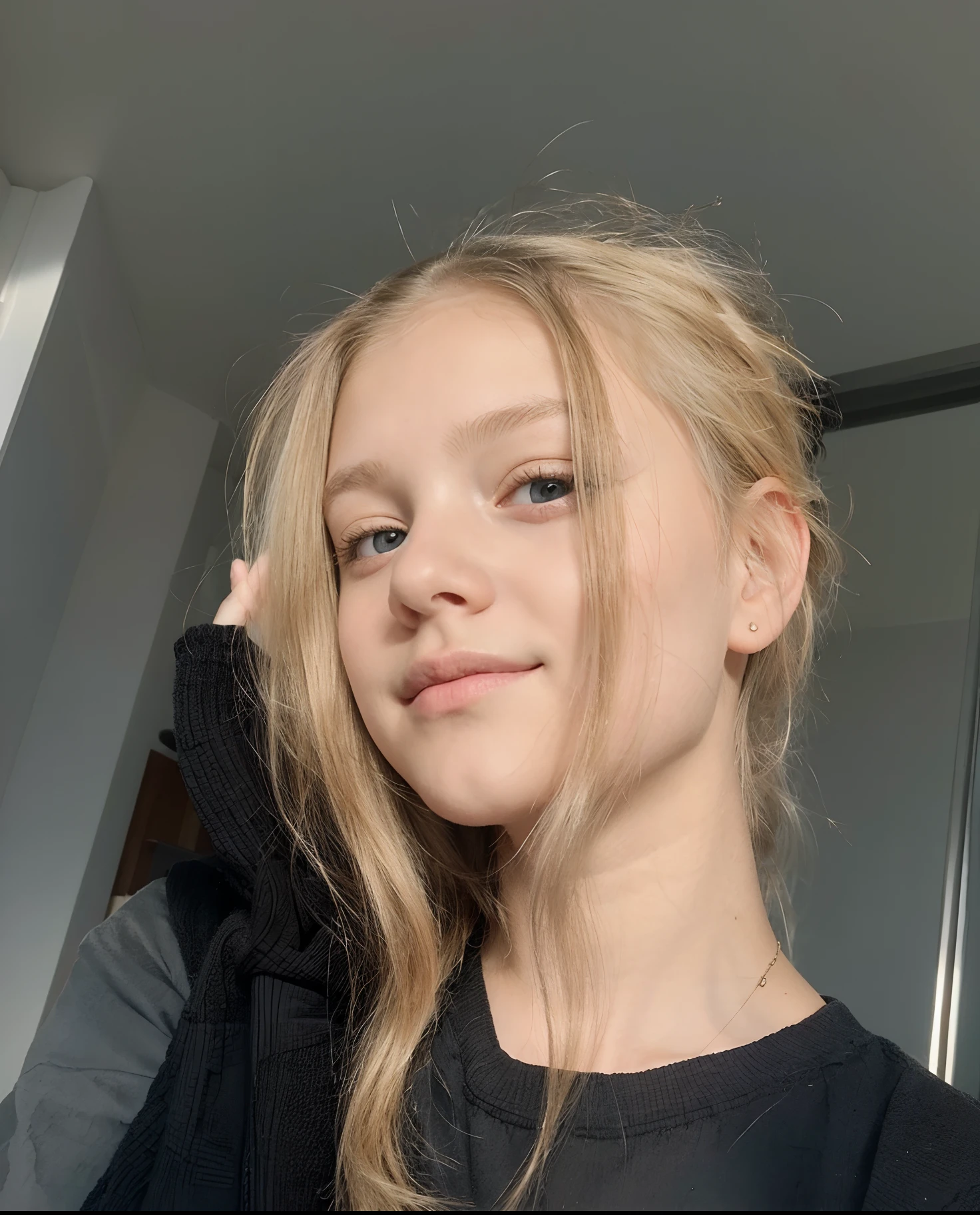 A close up of a woman with long blonde hair and a black shirt - SeaArt AI