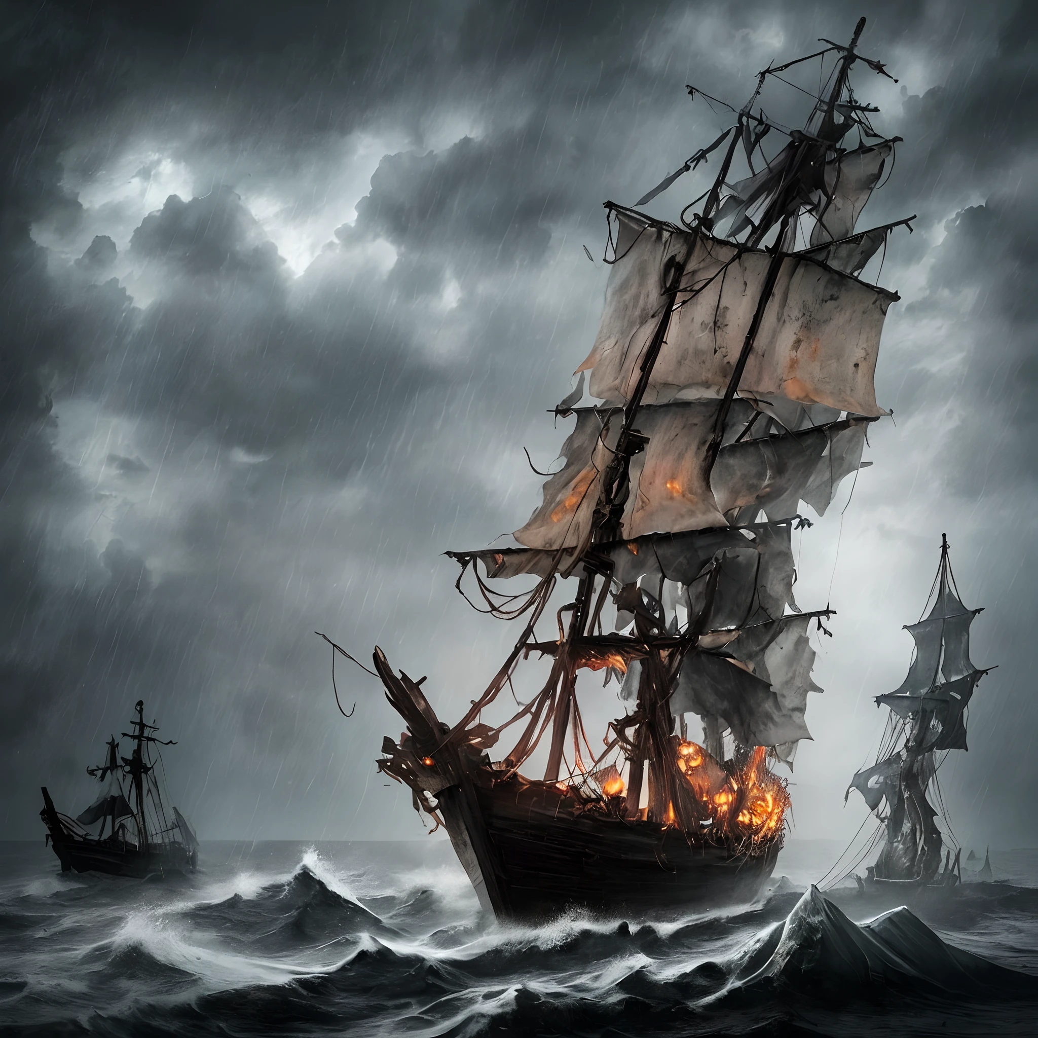 ​masterpiece、hightquality、Landscape painting、Detailed landscape painting、Very dark sky、Thick black clouds、In the darkness、Pitch Black Darkness、a dark night、Wide ocean、Ōlan、Detailed heavy rain、Detailed raindrops、Dense and dazzling lightning、Detailed lightning、The sea is very intense and rough、Very large waves、Wooden Vessels、Tattered wooden ship、Ship cemetery、Wooden Zombie Ship、Wooden boneship、A wooden decaying ghost ship wandering through a thunderstorm、The sails are tattered and hanging、Rotten sails、Torn sails、Torn sails、Perforated sail、Broken mast、Tattered mast、Tattered hull、There are holes in some places、The hull is rotting、Detailed battered wooden ghost ship、Crumbling wooden ghost ship、Wooden Black Ghost Ship、The wooden ghost ship is heavily tilted、Black fog around a wooden ghost ship、Black aura、Wrecked wooden ghost ship、Shipwrecked and broken、A sinking wooden ghost ship、Missing mast、Pale flame、A lot of pale flames floating