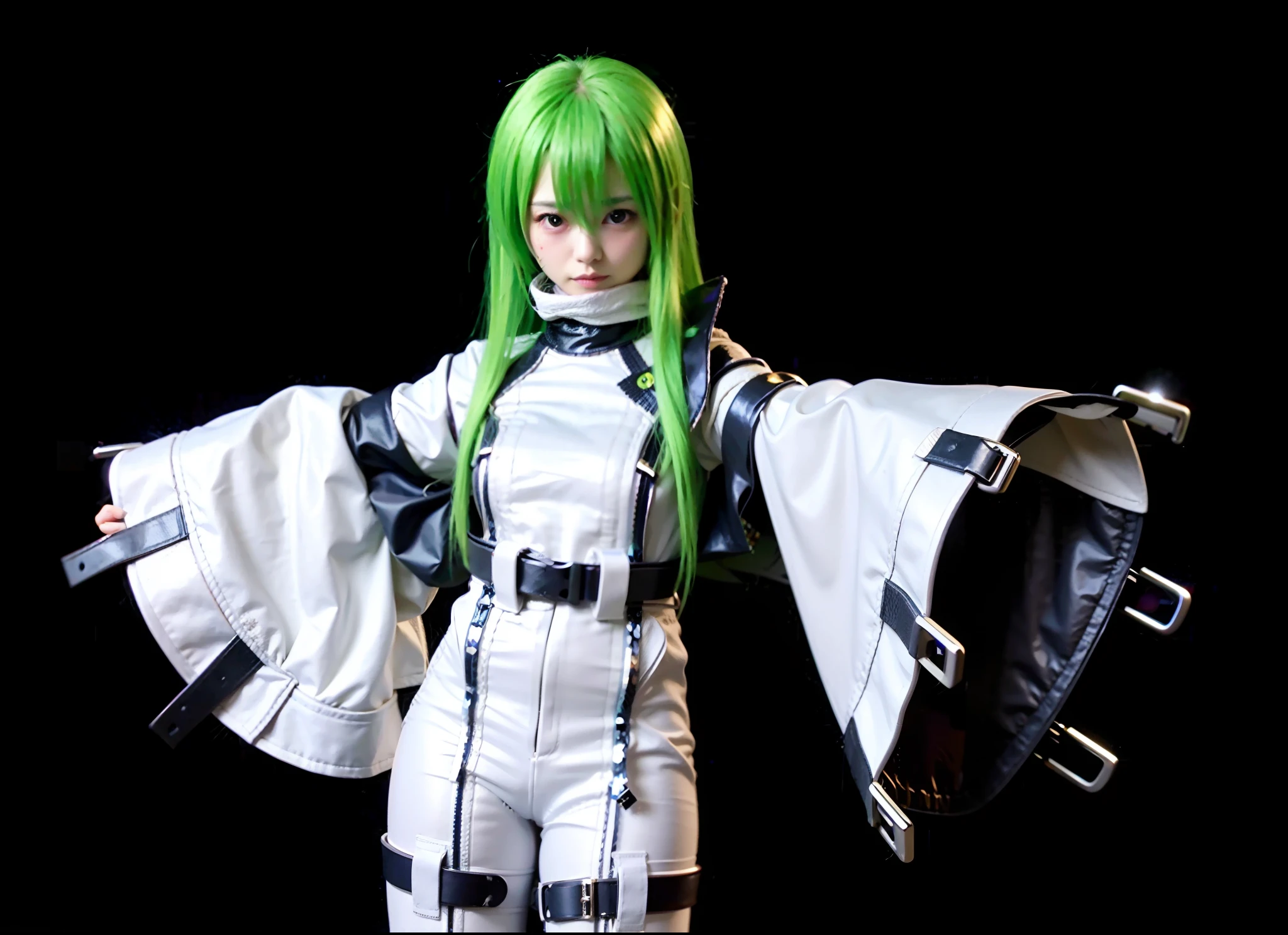 personagem feminina japonesa, cabelos longos verdes, White leather jumpsuit with straps and black details
