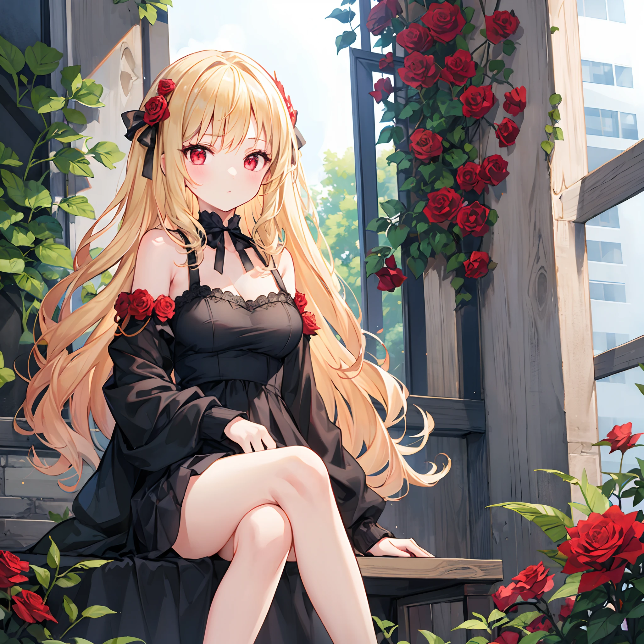 One girl with wavy blonde hair and red eyes、Sitting surrounded by roses、Sexy clothes