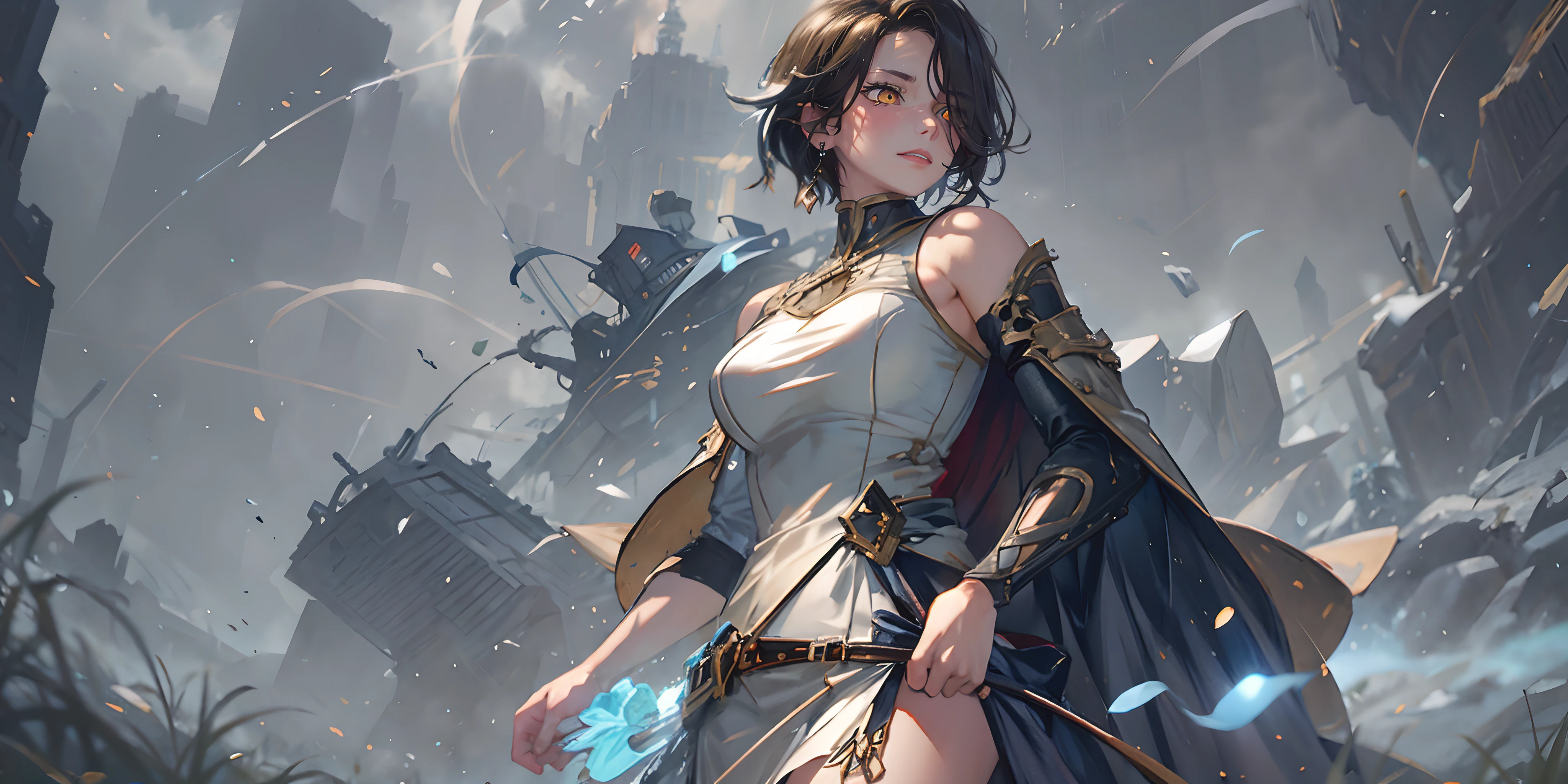 cinderatlas, short hair, breasts, epic art, fantasy, 1girl, solo, armored dress, large_breasts, bare_shoulders, water, closed_mouth, armor, sleeveless, straight_hair, standing, pale_skin, hime_cut, glow effects, godrays, Hand drawn, render, 8k, octane render, cinema 4d, blender, dark, atmospheric 4k ultra detailed, cinematic, Sharp focus, big depth of field, Masterpiece, colors, 3d octane render, 4k, concept art, trending on artstation, hyperrealistic, Vivid colors, extremely detailed CG unity 8k wallpaper, trending on CGSociety, Intricate, High Detail, dramatic, anime coloring, anime screencap, steaming body, fog, heavy breathing, nsfw art,