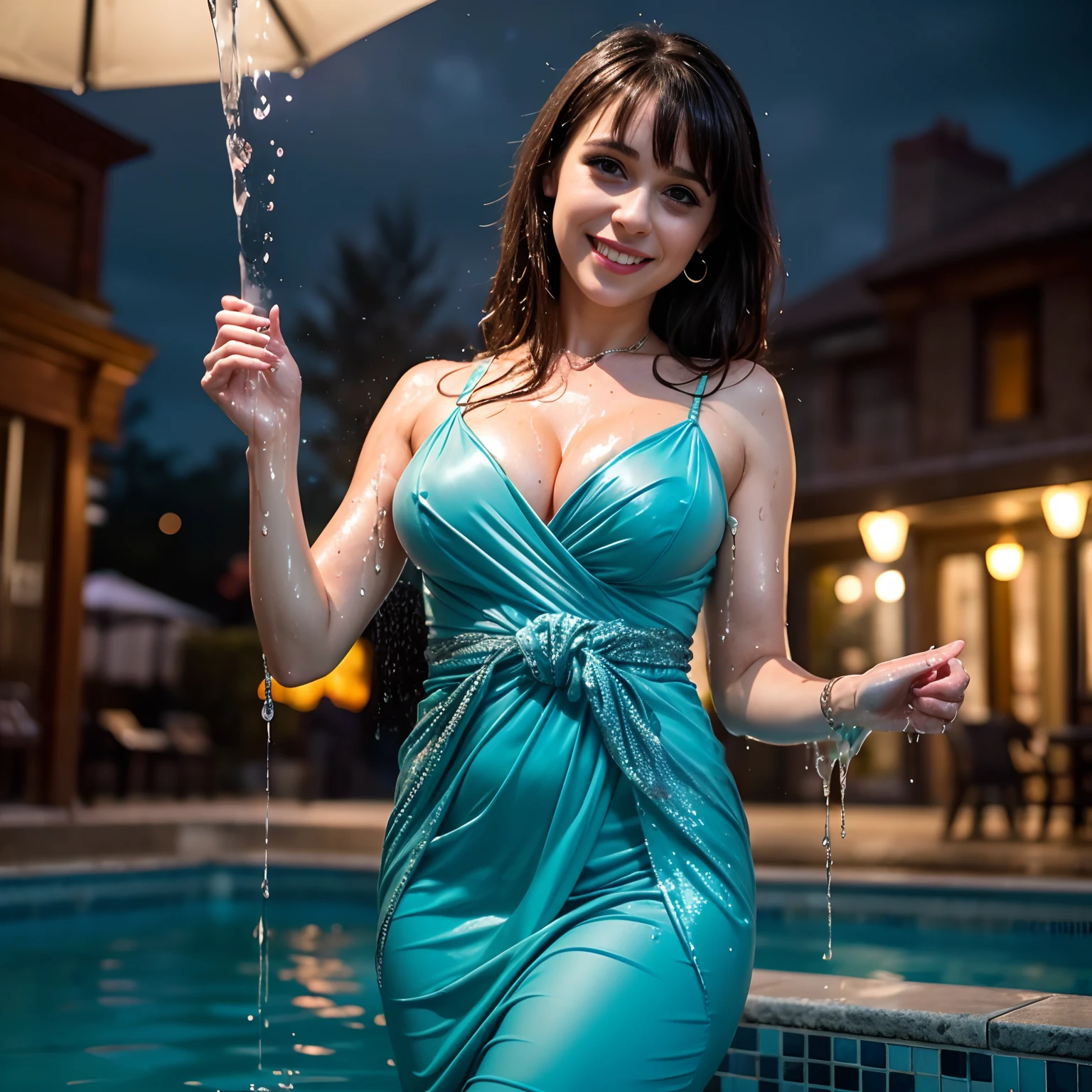 Woman thrown in the pool in her fine clothes, at a party, ((dressed up)), ((expensive party frock)), jewelry,  ((soaked)), ((drenched)), ((dripping wet)),  ((cute)), insanely beautiful, petite bombshell, zooey deschanel, plunging neckline sequin dress, water at waist level, oily clothes, droplets, evening, photorealistic,  bokeh, narrow focus, party guests, outdoors, night sky, cityscape, posing for photo, looking at viewer, ((vertically aligned)), nsfw, cleavage, smile