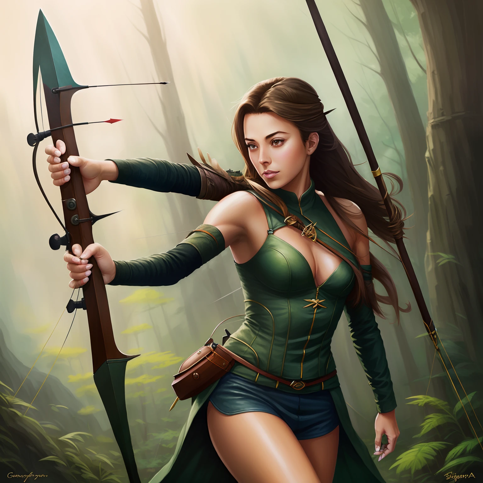 Draw a woman with a bow and arrow in the forest, female forest archer, Artgerm and Atey Ghailan, artgerm julie bell beeple, forest hunter lady, alena aenami and artgerm, female archer, Arte do Jogo de Cartas de Fantasia, author:ruanjia、stanely artgerm, author:Chen Jiesheng, collectible card art