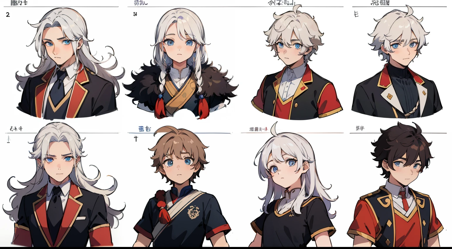 ((Masterpiece, Highest quality)), Detailed face, character sheets, full bodyesbian, 1boys,shoun,children's,Babe, Blue eyes, White hair, Long hair, Messy hair, Soft and fluffy hair, hair between eye,Tibetan costumes, Highland costumes,minority,Full of details, Multiple poses and expressions, Highly detailed, Depth, Many parts