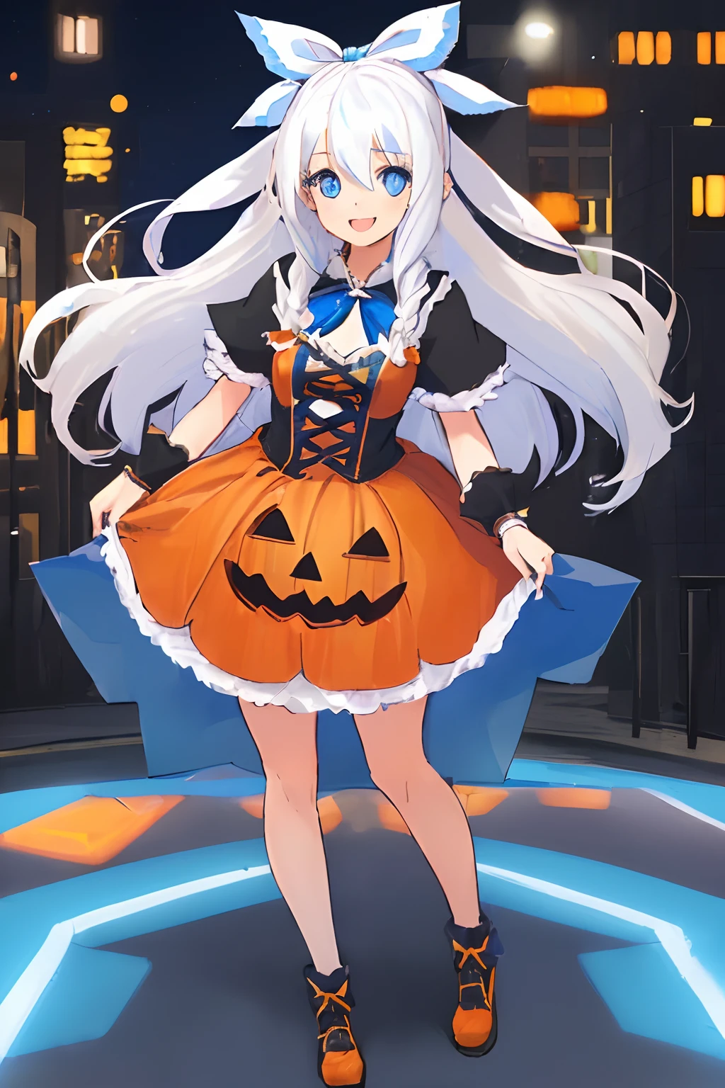 ((((1 girl)))), ((((solo)))), fullbody, ((((white hair)))), long hair, ((((blue hairribbon)))), ((((blue eyes)))), happy, smile, 18 year old, dynamic angle, wearing a pumpkin halloween costume, standing in Halloween cosplay parade a night