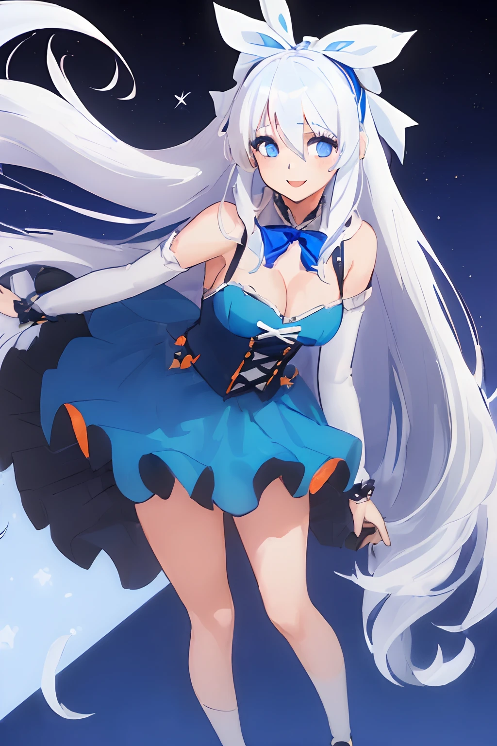 ((((1 girl)))), ((((solo)))), fullbody, ((((white hair)))), long hair, ((((blue hairribbon)))), ((((blue eyes)))), happy, smile, 18 year old, dynamic angle, wearing a pumpkin halloween costume, standing in Halloween cosplay parade a night