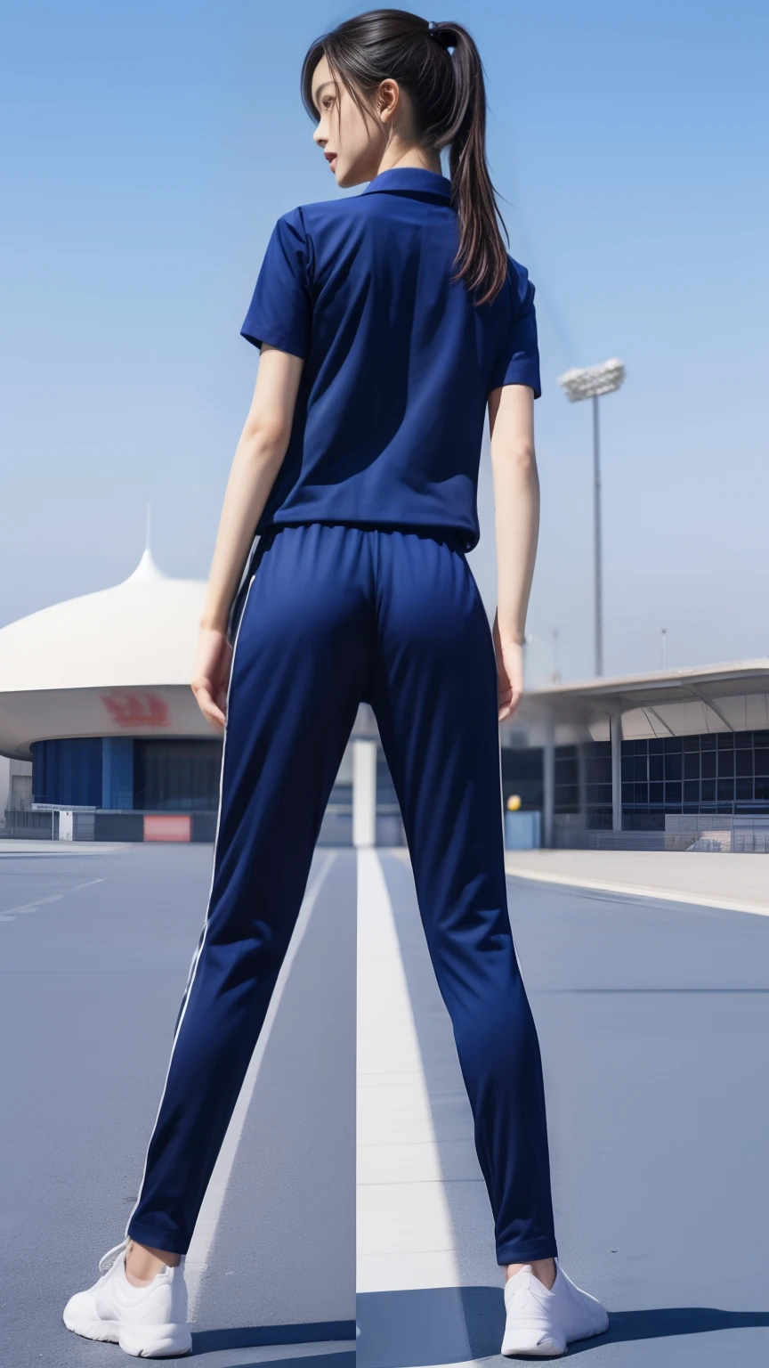 (bestquality,10,10,highres,masterpiece:1.2),ultra-detail,(Realistic,photorealistic portrait,photo-realistic:1.37),1 Cute girl in the football field,oily shiny skin,bara,light smile,BDclothes,((blue shirt:1.3)),short sleeves,shirt, trousers.,(navy_long_Pants Track:1.1), ((Stadium Background:1.3)),dynamic angle,excited,face focus,Dynamic Poses,from behide,Ass Focus,masterpiece, bestquality, ultra realistic, hyper-detail, 8k resolution, RAW photo, crisp focus, ((Navy blue shirt:1.1)), short sleeves, Long Path, Perfect body, 2 mature women, 18yo, cinematic light,Blue sweatpants,Gymware,Correct anatomy,Complete body, Correct body, sharp face, Anatomically correct body, full entire body, Realistic gestures, long-haired, Realistic poses,Wear long shorts..............,Long leg span,Shapely,Sculpting Girl, Slender Figure, mannequin mannequins, Shapely, Beautiful body,Blue sweatpants,from behind, Ass Focus
