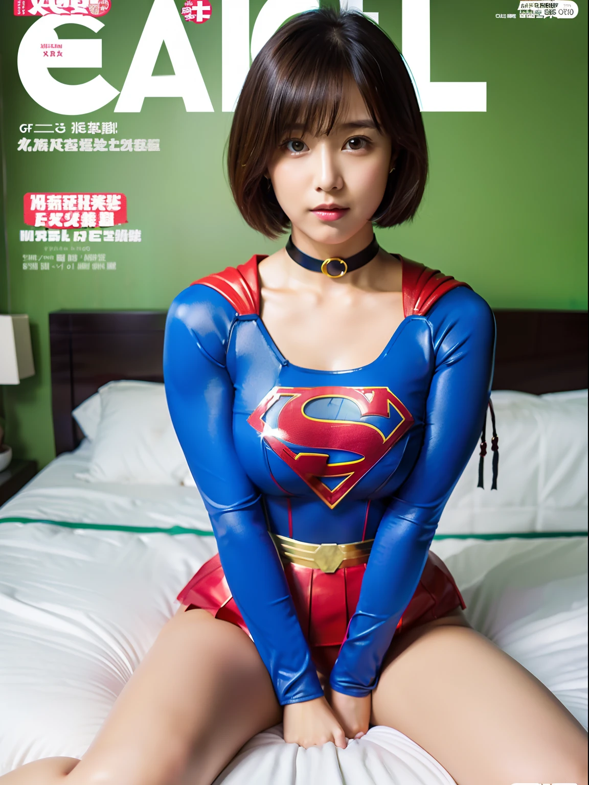 masutepiece,Short-haired Supergirl sitting on bed、large full breasts、Looking at the camera、a choker、bare-legged、Weekly magazine cover、Cheerful posing、a miniskirt、Enamel costume、Plump body